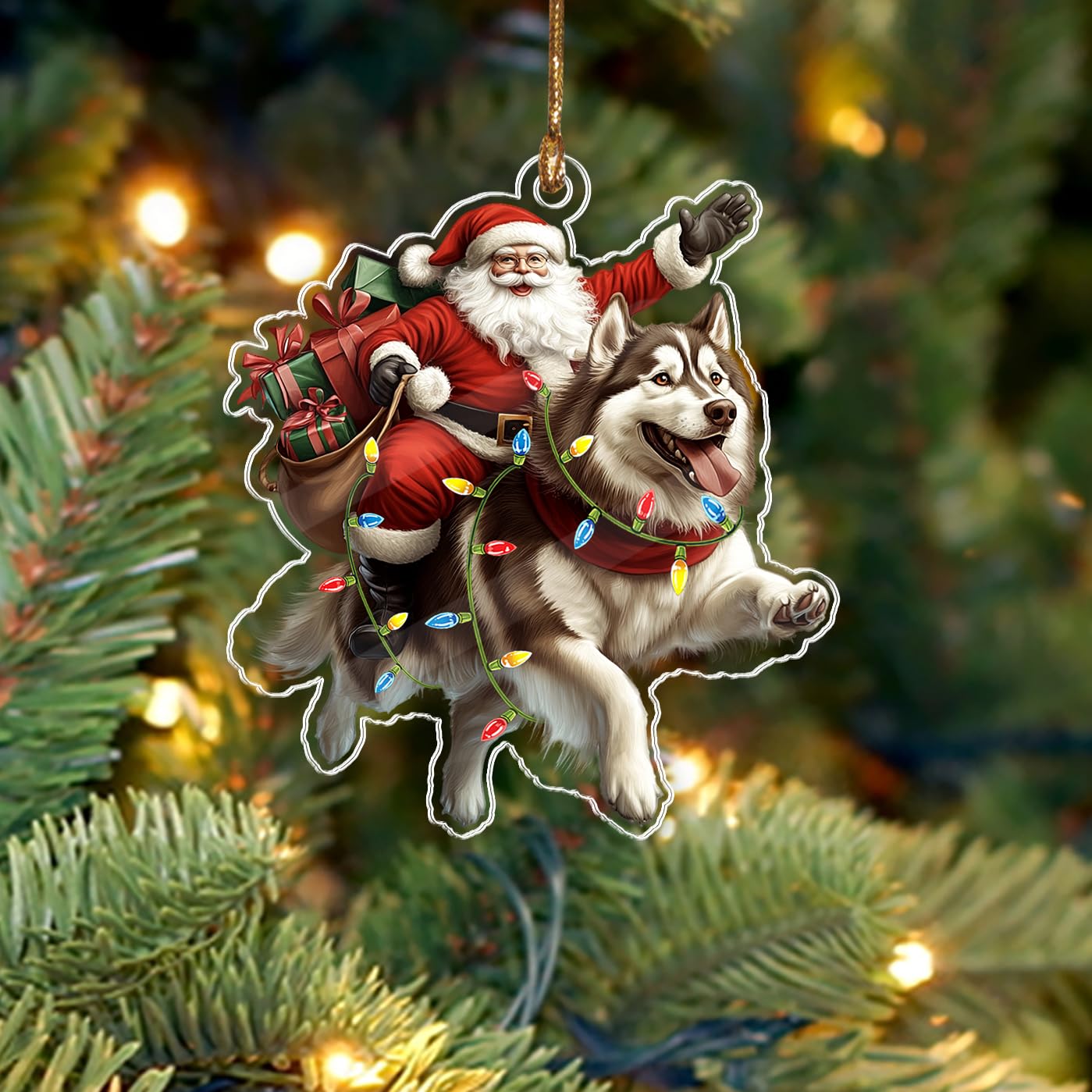 BEETHIS Funny Alaskan Malamute Santa Christmas Ornament 2026 – 2D Flat Acrylic Santa and Dog Car Hanging Ornament Decoration for Dog Lovers – Unique Alaskan Malamute Xmas Decor 3.5''