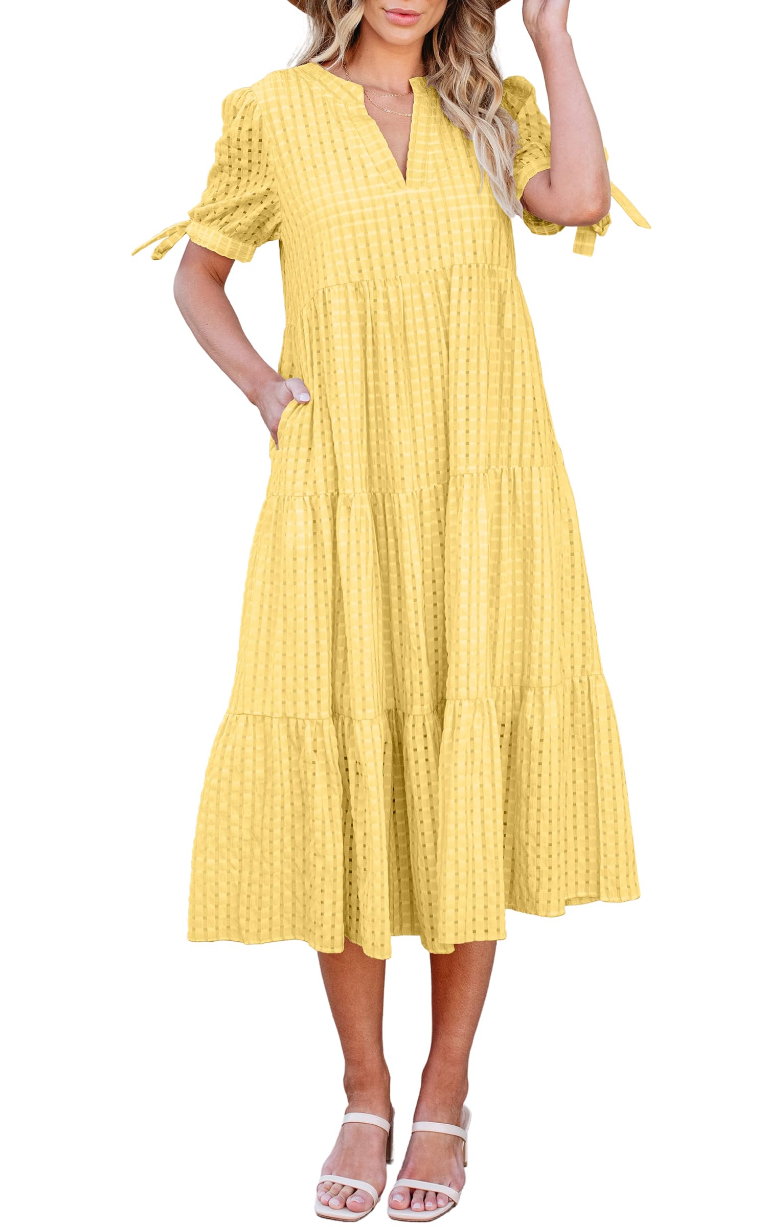 ECOWISH Women Summer Casual Dress - V Neck Short Sleeve Gingham Midi Pleated Tiered Loose Fit Holiday Picnic Dresses