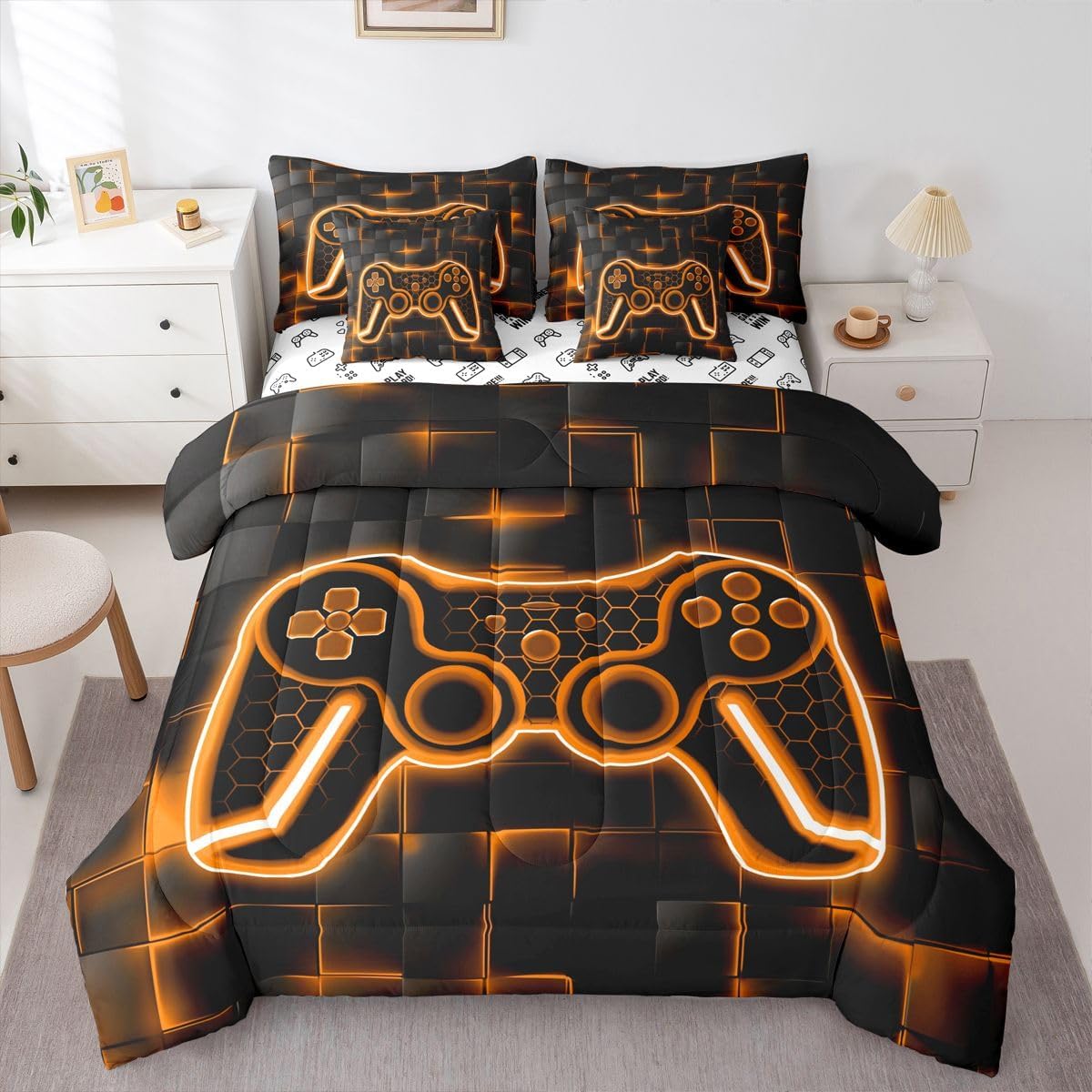 Feelyou Kids Gamer Queen Comforter Set with Sheets 7 Piece Orange and Black Bedding Set for Boys Teens Decor Gaming Ombre Bed in a Bag Geometric Square Bed Set image 3