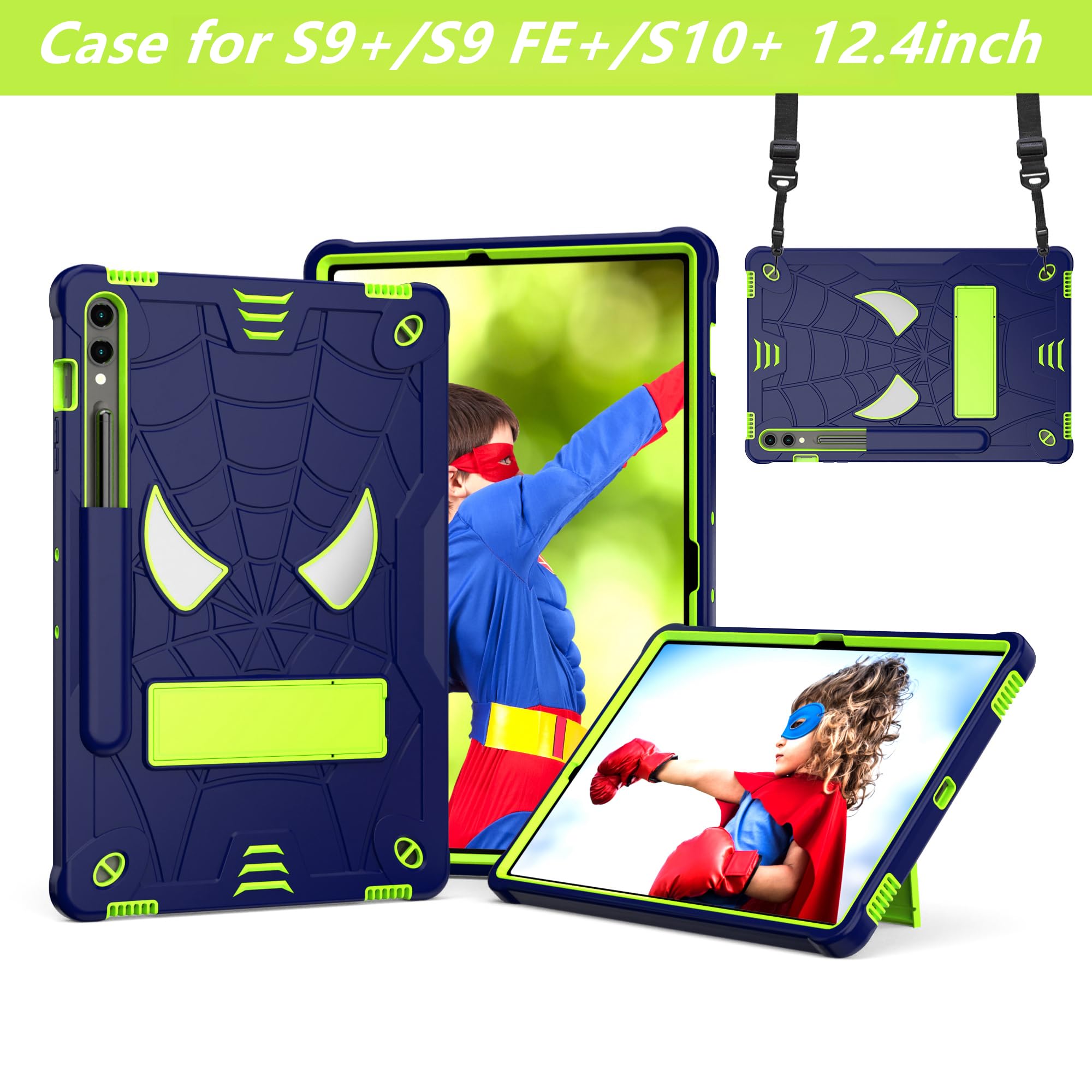 Etui dziecięce kompatybilne z Samsung Galaxy Tab S9+ 31.5 cm/Tab S9 FE+ 2023 31.5 cm, odporne na wstrząsy, pokrowiec dziecięcy, wbudowany pasek na ramię i stojak, ukryty, niebieskie +
