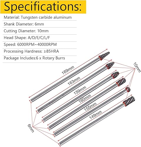 Miniatura 2 de 6 unids 0.236 in vástago carburo de tungsteno limas rotativas rebabas punto punto rebabas muere amoladora aluminio 0.394 in cabeza