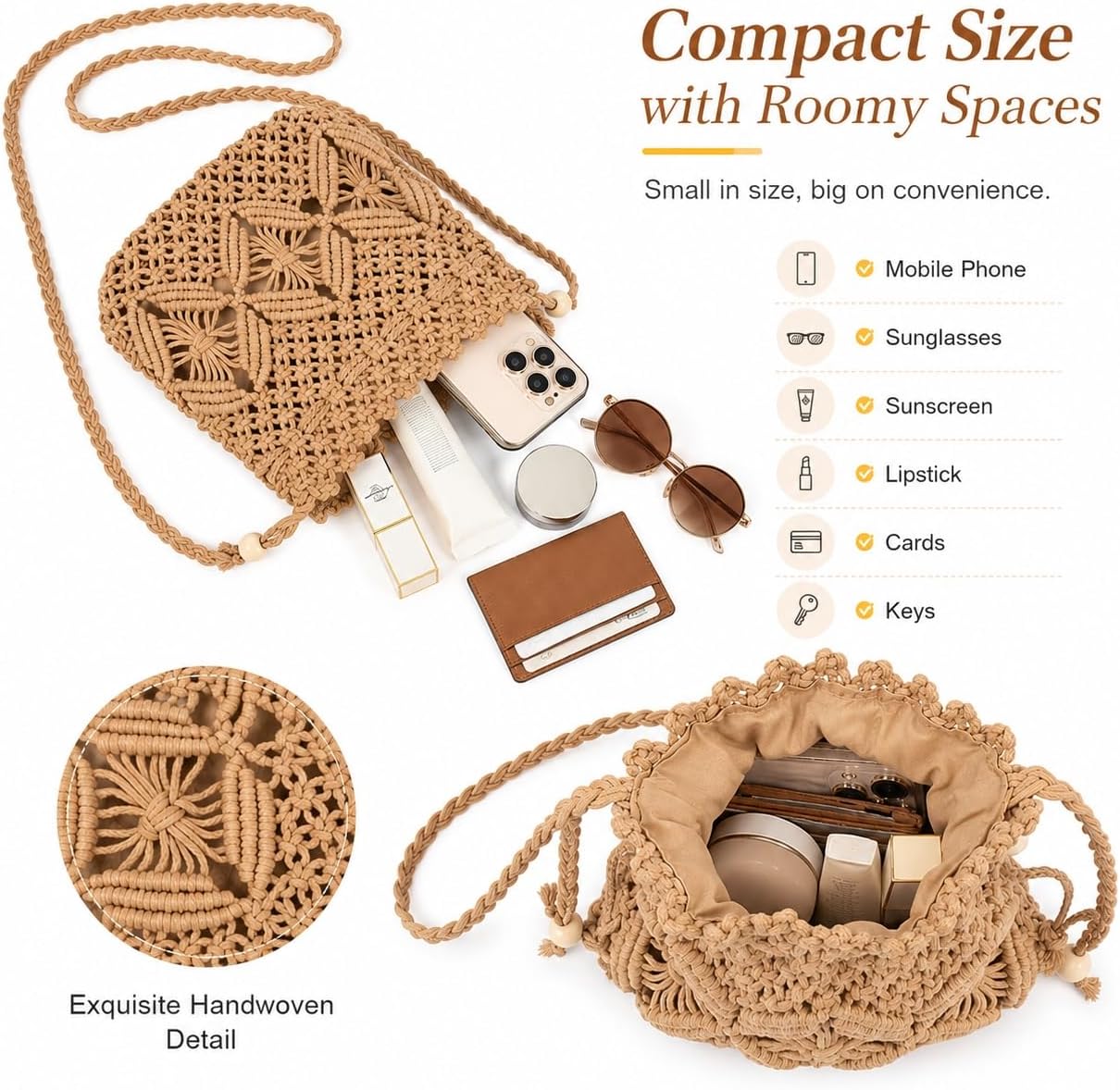 Drawstring Crochet Crossbody Bag for Women, Handwoven Cotton Straw Boho Shoulder Purse Travel Handbag
