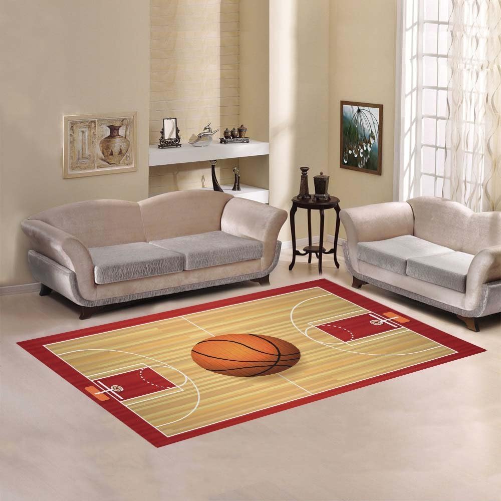 Custom Sports Basketball Court Area Rug Floor Mat 2'7 x 1'8, Chidrens Boy's Playtime Wood Red Print Playroom Throw Area Rugs Carpet Collection for Living Dining Room Home Decoration