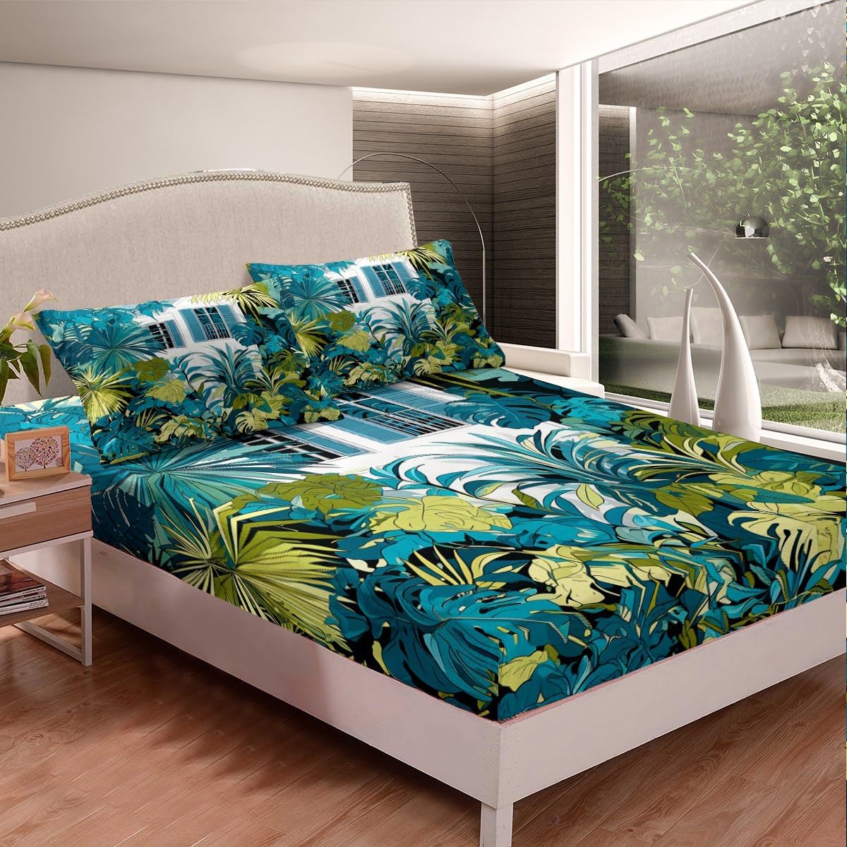jejeloiu Palm Leaf Bed Sheets Set Twin Size Kids Tropical Leaves House Bedding Set for Boys Girls Summer Botanical Branches Nature Theme Fitted Sheet Room Decor