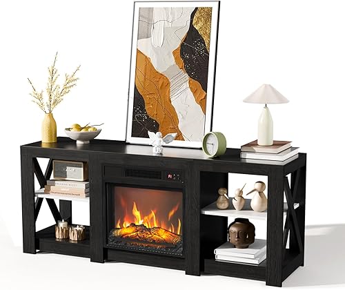 Vista 3 de Bonnlo Soporte de TV con chimenea para televisores de hasta 70 pulgadas, centro de entretenimiento rústico con calentador eléctrico y estantes