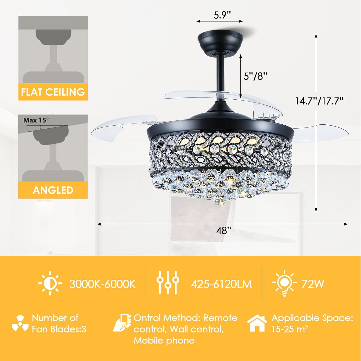 Asyko 48" Black Crystal Retractable Ceiling Fan with Light, Modern Retractable Chandelier Ceiling Fans with Remote and APP, Dimmable 3 CCT,Crystal Fandelier Ceiling Fans for Living Room, Bedroom