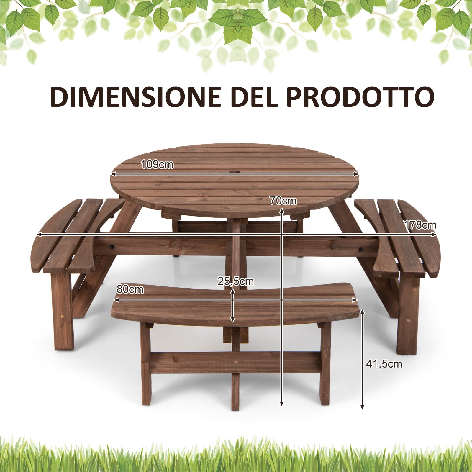 COSTWAY Set Tavolo da Giardino con 4 Panche Integrate, Legno Massiccio, con Foro Ombrellone, per 4-8 Persone, Tavolo Rotondo da Picnic per Esterno, Ogni Panca Porta 225 kg (Marrone, 178 x 178 x 70 cm)