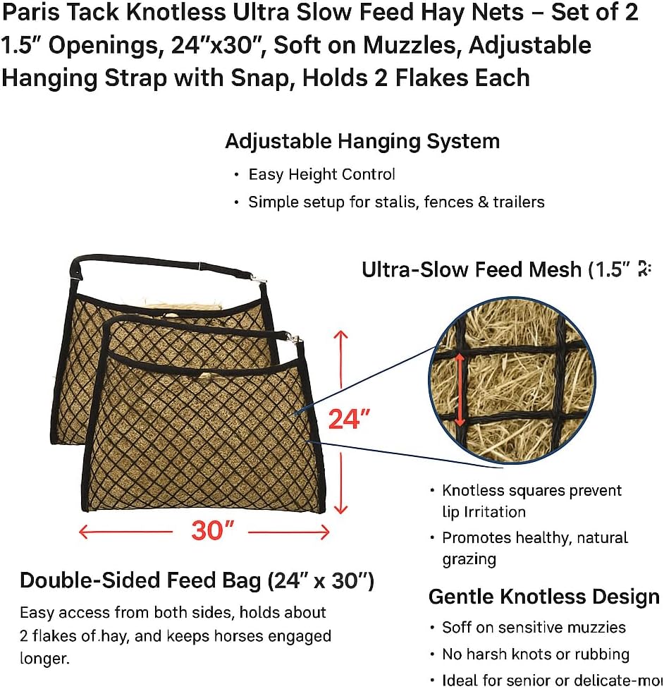 Knotless Ultra Slow Feed Hay Net Set of 2 – 1.5" Openings, Soft on Horse Muzzles, 24"x30", Holds 2 Flakes, Adjustable Hanging Strap with Snap, Ideal for Sensitive Mouths & Slow Feeding