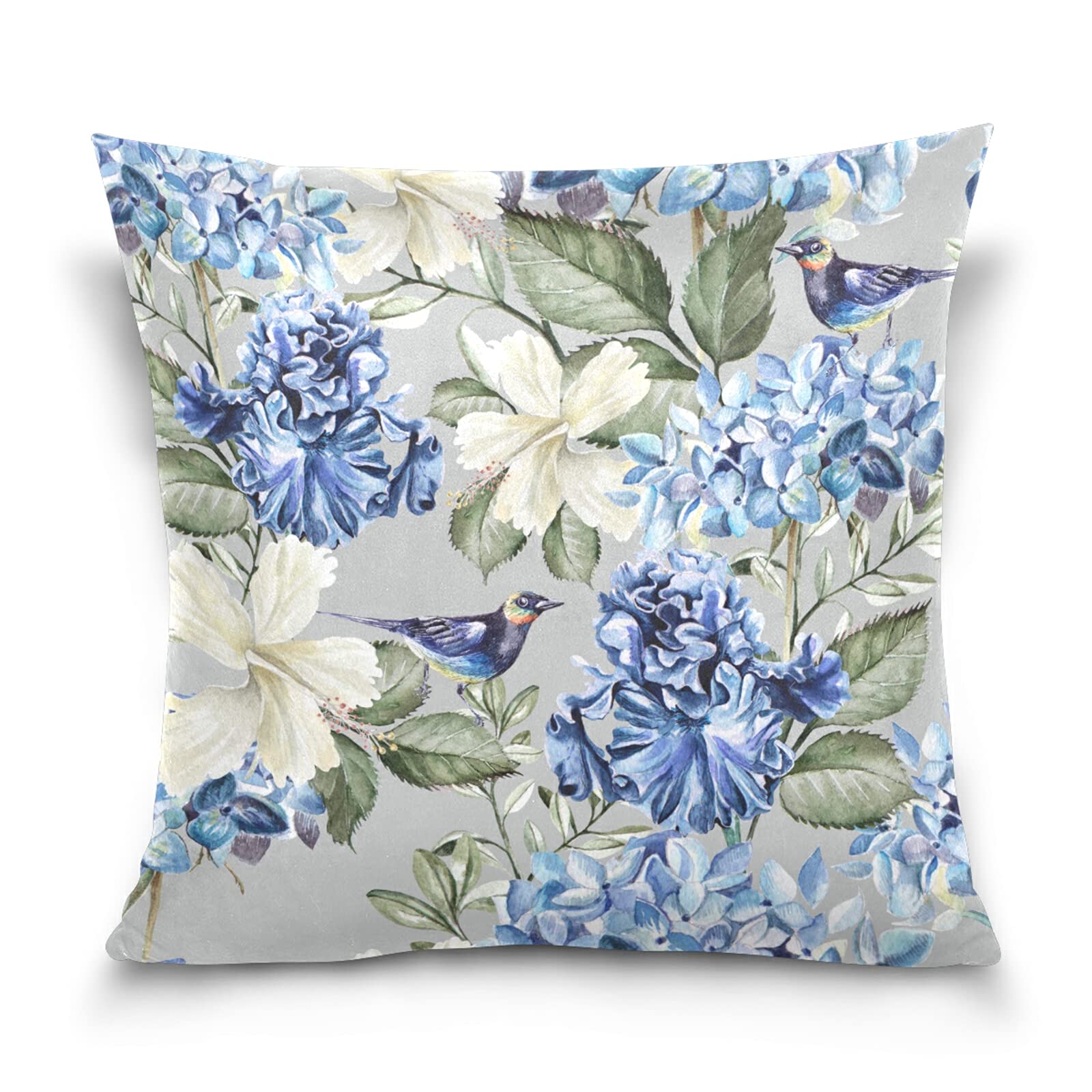 Watercolor Bird Blue Hydrangea White Hibiscus Flowers Green Leaves Cotton Velvet Throw Pillow, Soft Breathable Bed Pillows, Pillowcase Sham Cushion Covers Twin Sides for Car Couch Bed 20x20 inches