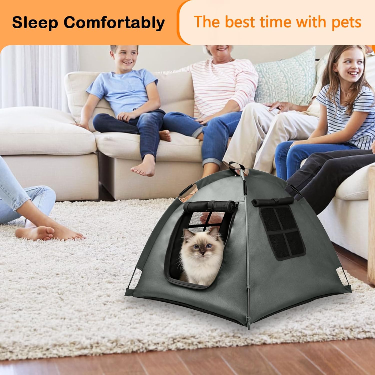 Portable Pet Tent with Full-Enclosure Zippered Mesh Door, Indoor & Outdoor Cat House for Safety & Ventilation, Cozy Nest for Cats, Puppies & Small Animals (Grey)