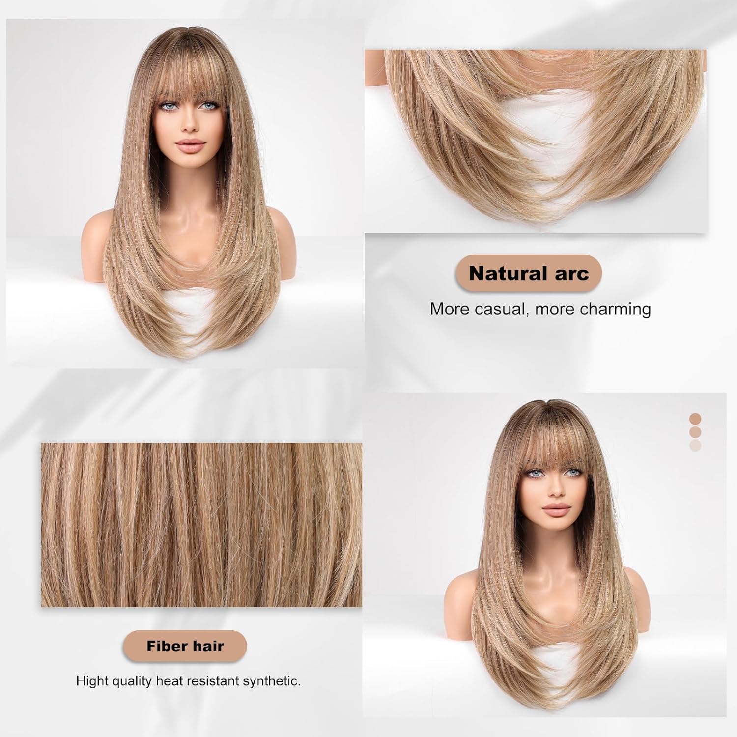 HAIRCUBE Long Ash Blonde Wigs for Women Straight Synthetic Layered Wig with Bangs and Dark Roots - Image 4