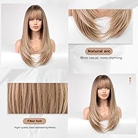 Vista 4 de HAIRCUBE Pelucas largas de color rubio ceniza para mujer, peluca sintética en capas con flequillo y raíces oscuras
