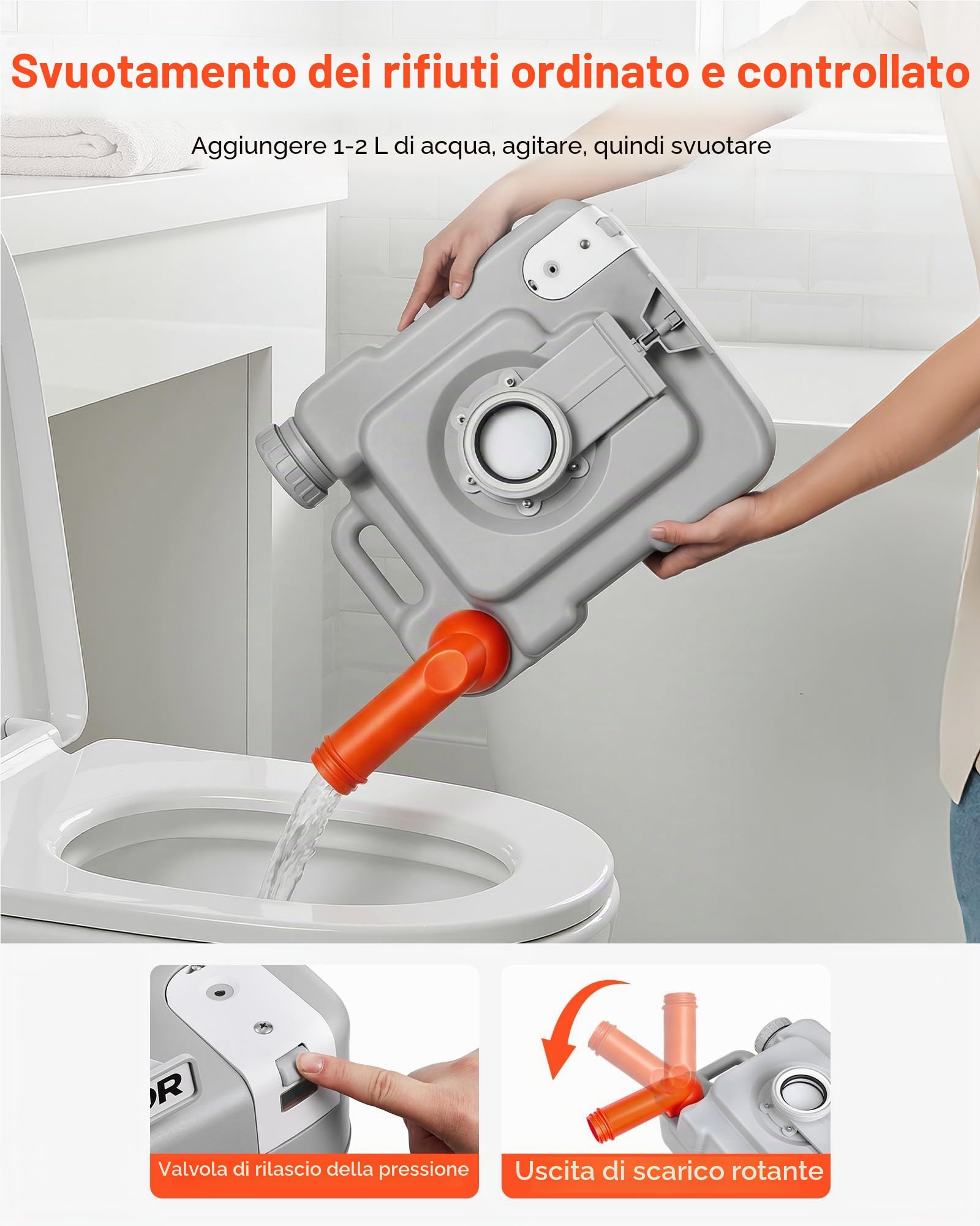VEVOR Toilette da Campeggio Portatile con Scarico Toilette Portatile con Serbatoio di Scarico Rimovibile Capienza ca. 20 L, WC per Casa Camper Barca Escursionismo da Viaggio Serbatoio d'Acqua 12 L