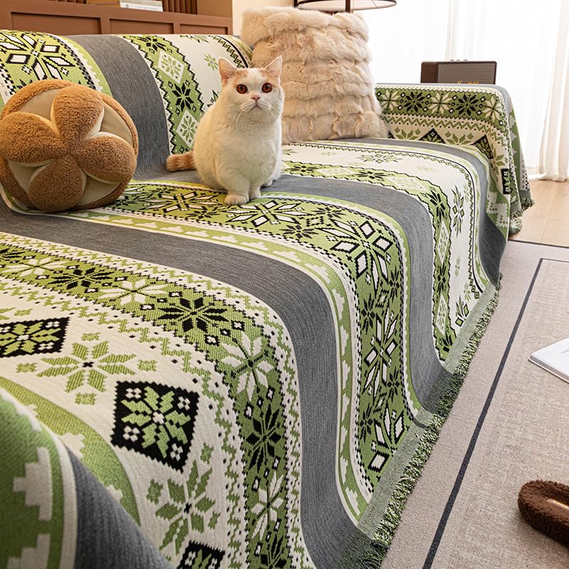 VanderHOME Multifuncional Plaid Sofa, Exquisita Mantas para Sofa con Diseño Geométrico, Manta para Sofá Estilo Bohemio, Suave y Cómoda para Sala y Dormitorio 180 * 360cm-Verde