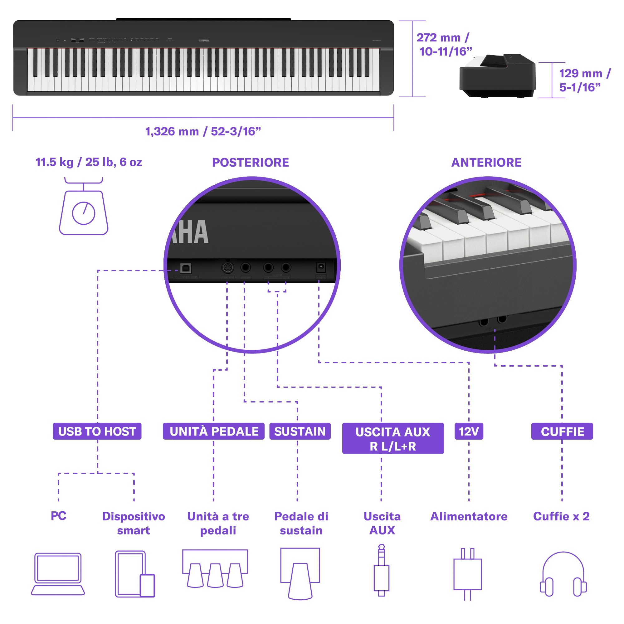 Yamaha P-225 Digital Piano, 88 klawiszy ważonych, Graded Hammer Compact, 24 brzmienia, Czarny