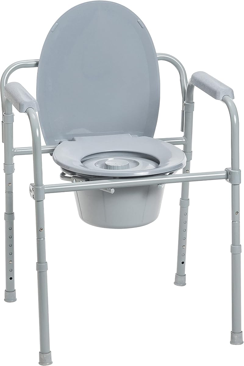Folding Steel Bedside Commode Chair, 3-in-1, Gray | Folding Steel Bedside Commode Chair Offers 3-in-1 Portable Toilet Design with 7.5 Qt Bucket and 350 Lb Capacity