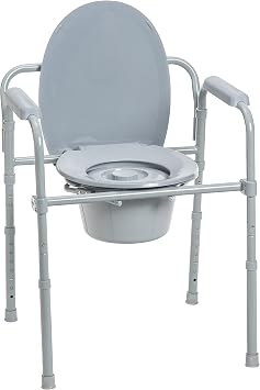 Drive Medical Folding Steel Bedside Commode Chair - 3-in-1 Portable Toilet - Adjustable Height - 350 Lb Weight Capacity - 7.5 Qt Bucket - Adult Commode - Grey