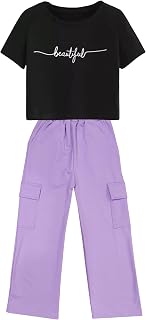 LOVO Girls Solid Loose Fit Cargo Style Pants with Printed Oversized Crop Top Regular Fit Pants 4 Pocket Combo Sets for Gir... Price In India