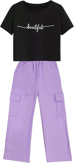 LOVO Girls Solid Loose Fit Cargo Style Pants with Printed Oversized Crop Top Regular Fit Pants 4 Pocket Combo Sets for Gir...