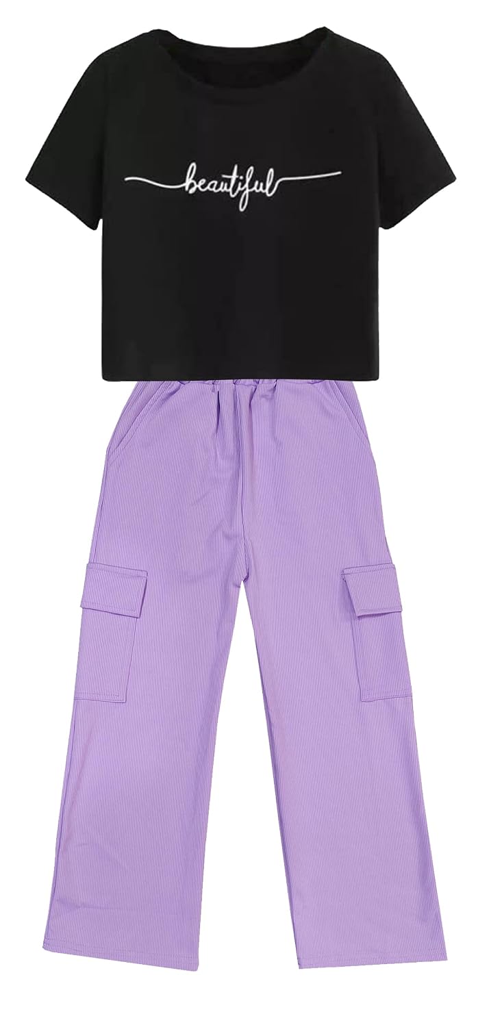 LOVO Girls Solid Loose Fit Cargo Style Pants with Printed Oversized Crop Top Regular Fit Pants 4 Pocket Combo Sets for Gir... - Review, Price and Buying Guide