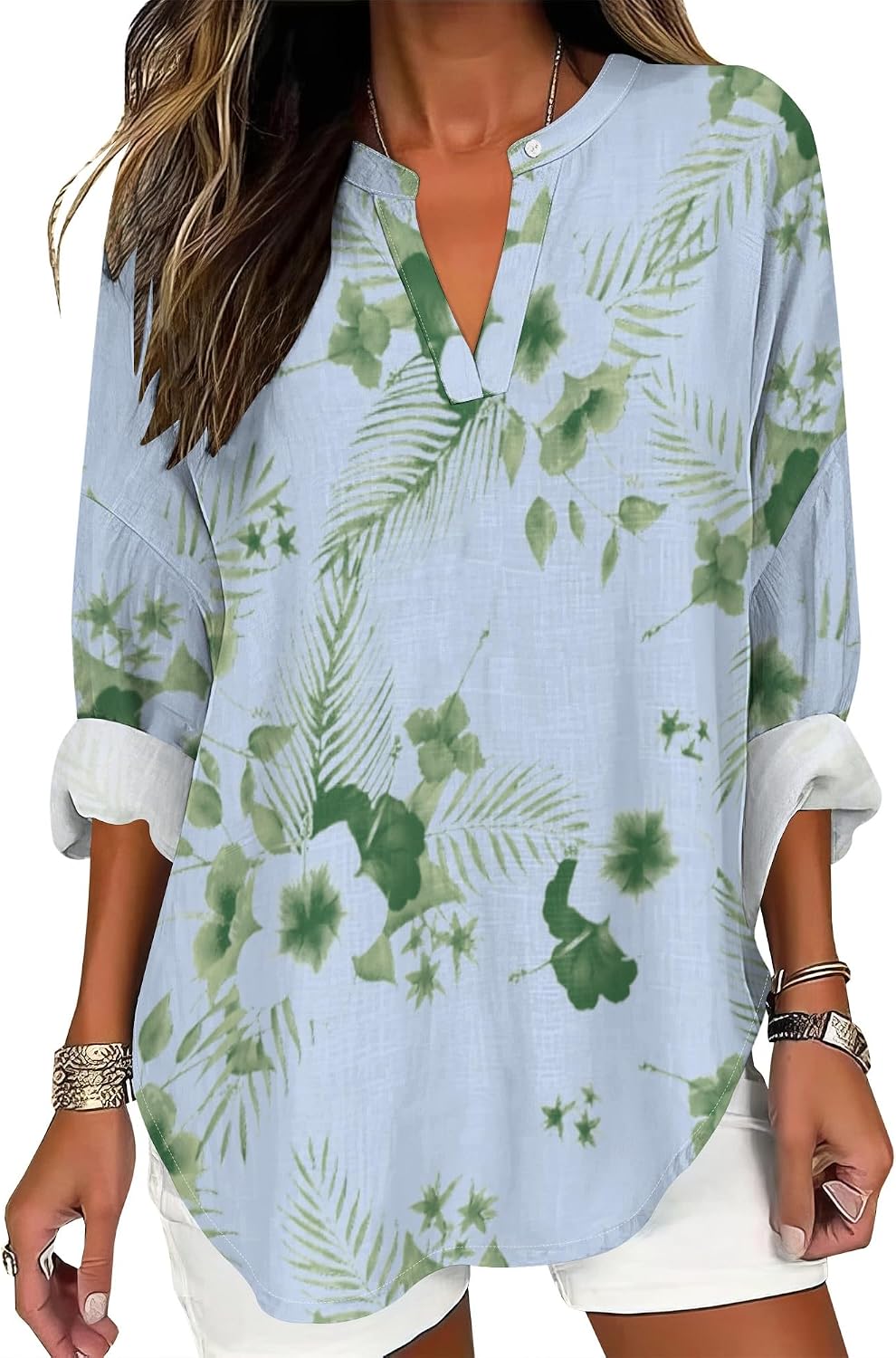 Women Tropical Floral Print V Neck Button Down Blouse Short Sleeve Loose Fit Summer Beach Vacation Tops