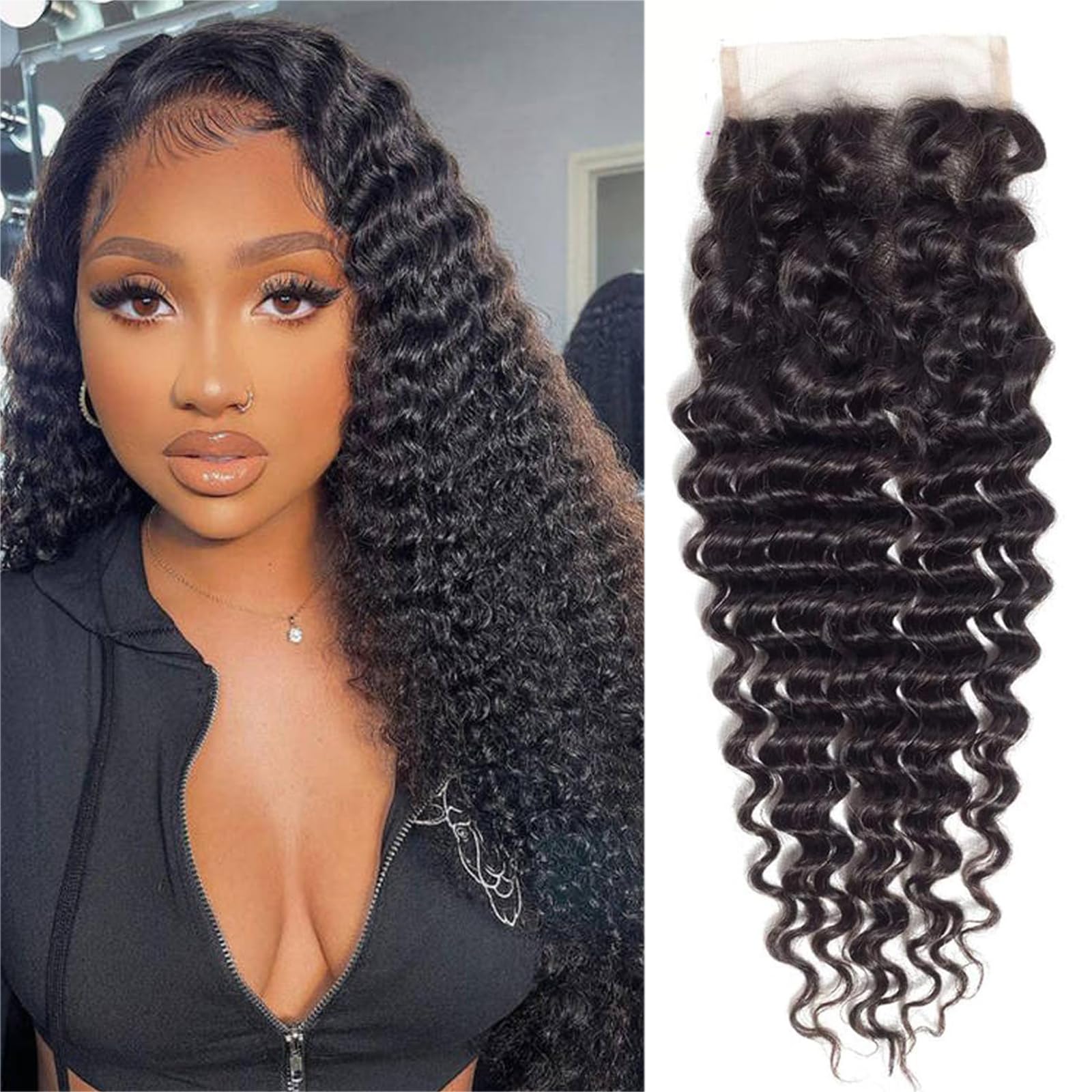 4x4 Deep Wave Lace Closure Human Hair 14 Inch HD Lace Closure Pre Plucked Free Part 100% Brazilian Virgin Human Hair Extensions for Black Women 150%