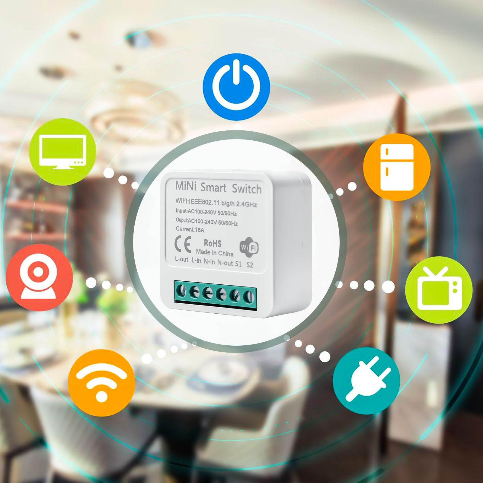 6 interruptores de luz inteligentes, módulo de 2 vías: mini interruptor Wi-Fi, se ajusta detrás del interruptor de pared, interruptor de luz inteligente, módulo compatible con Tuya, Alexa y Google