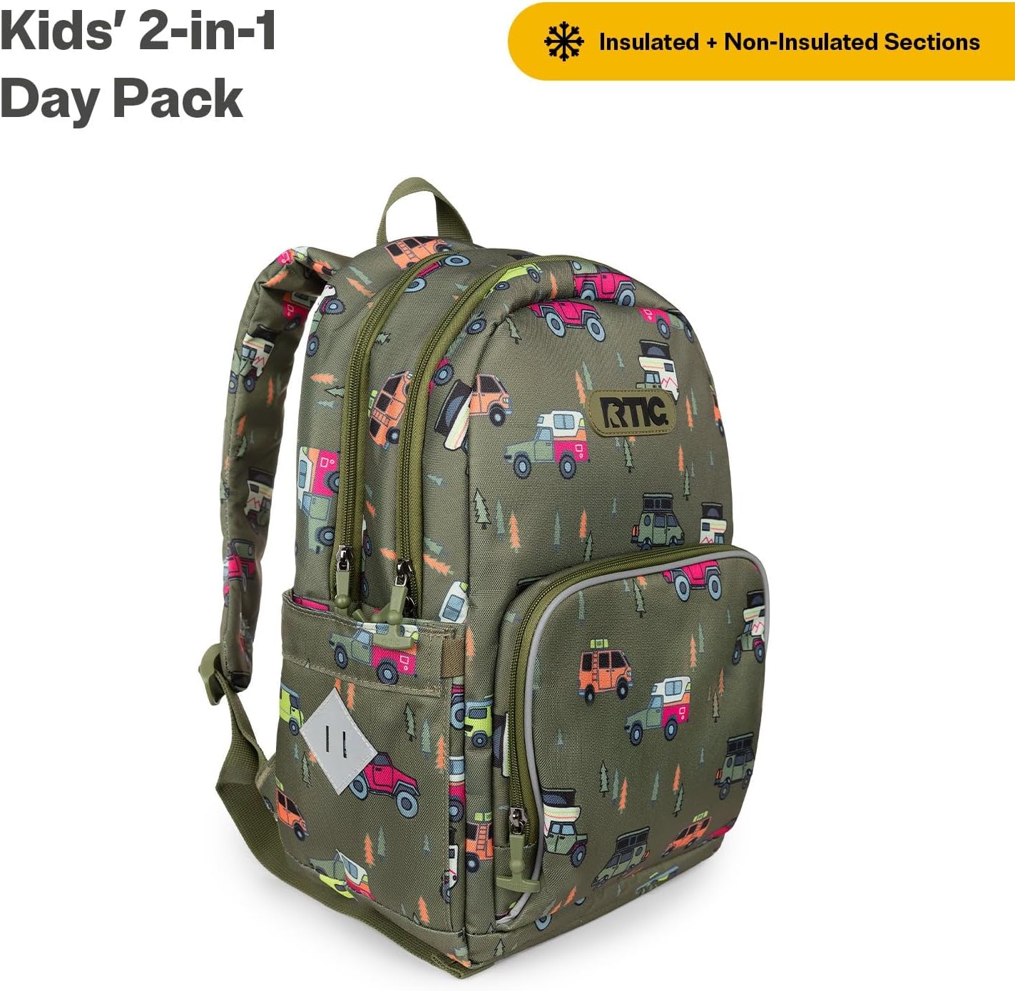 RTIC Kids 2-in-1 Day Pack Backpack with Insulated Lunch Box Cooler Compartment, School, Travel, Children's Bookbag for Girls and Boys, Happy Camper