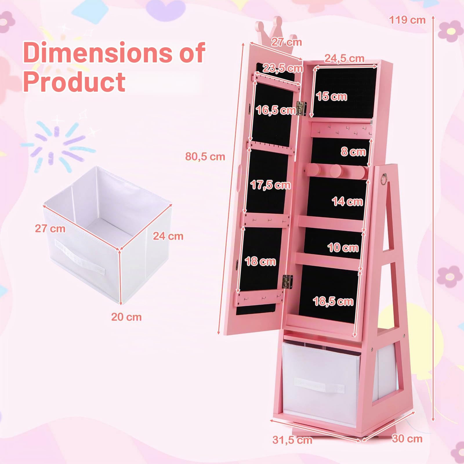 GOPLUS Armario para Joyas de Niños con Espejo de Cuerpo Completo, Armario Joyero Infantil con Cajón Plegable, Mueble de la Joyería para Dormitorio y Sala de Juegos de Niños de 3+ Años (Rosa)