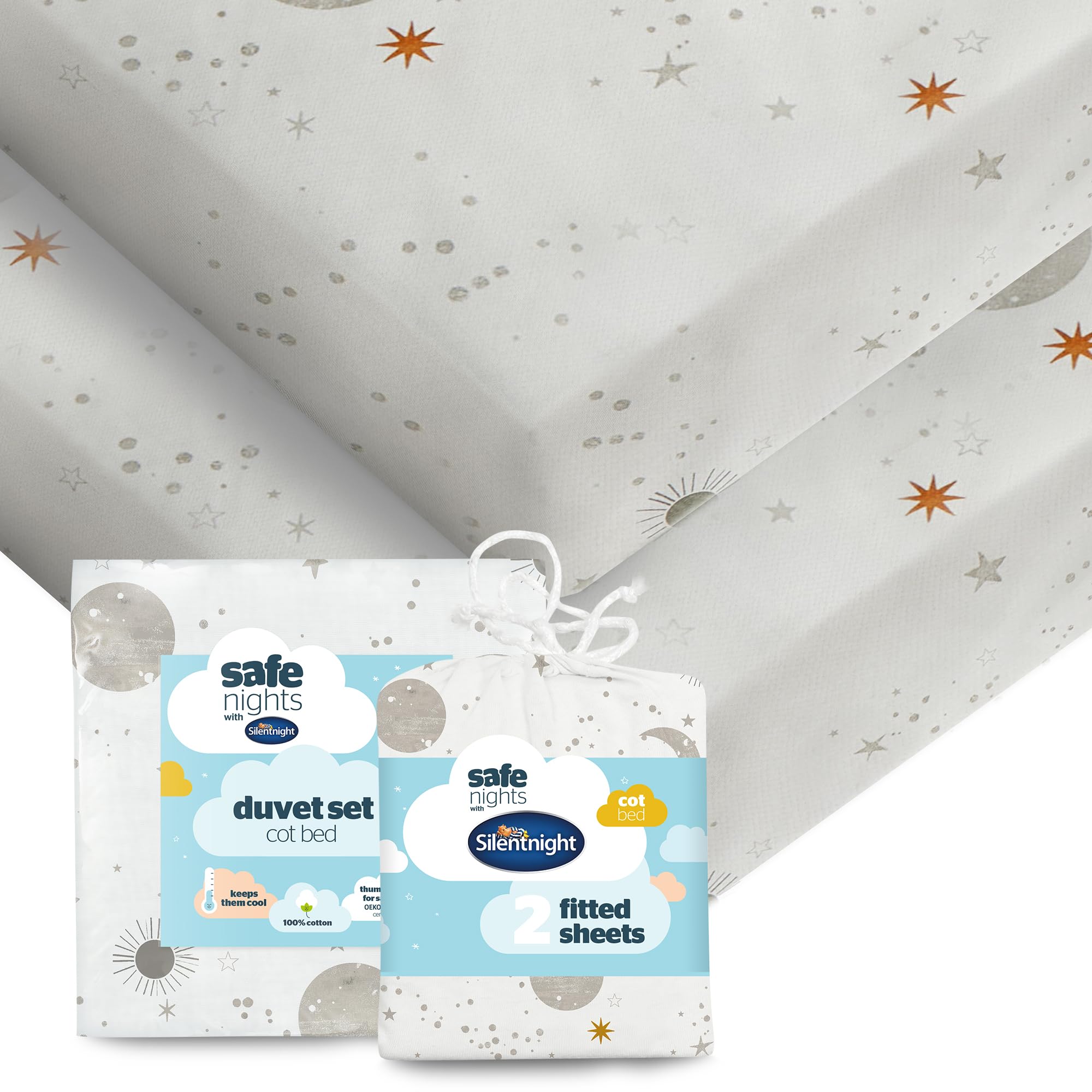 Silentnight Safe Nights Cot Bed Duvet Set & Fitted Sheet - Breathable 100% Cotton Jersey - Super Soft Kind to Skin - Bed Set Cover with Pillowcase for Toodler Child Junior Quilt - Celestial