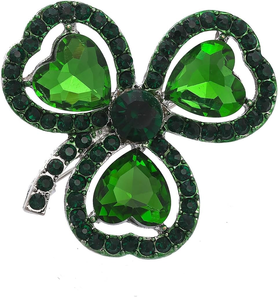 Kokoma Green Clover Leaf Brooch Pin for Women Girls St. Patrick's Day Lapel Pin CZ Heart Shamrock Irish Corsage Badge Brooches Lucky Decor Dress Accessories