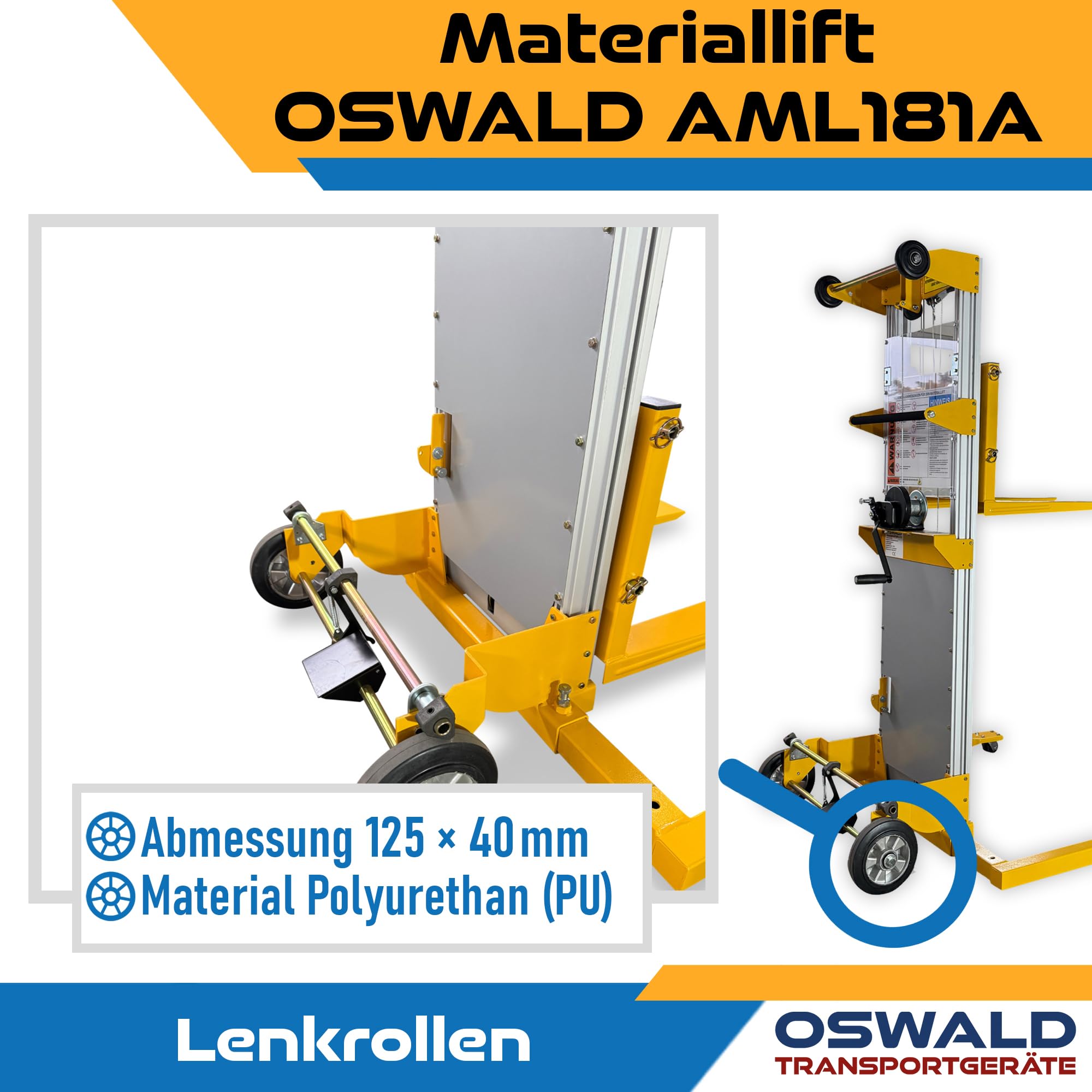 Materiallift AML181A verstellbare Ausleger - 181 kg Tragkraft - 2.500 mm Hubhöhe - Handstapler