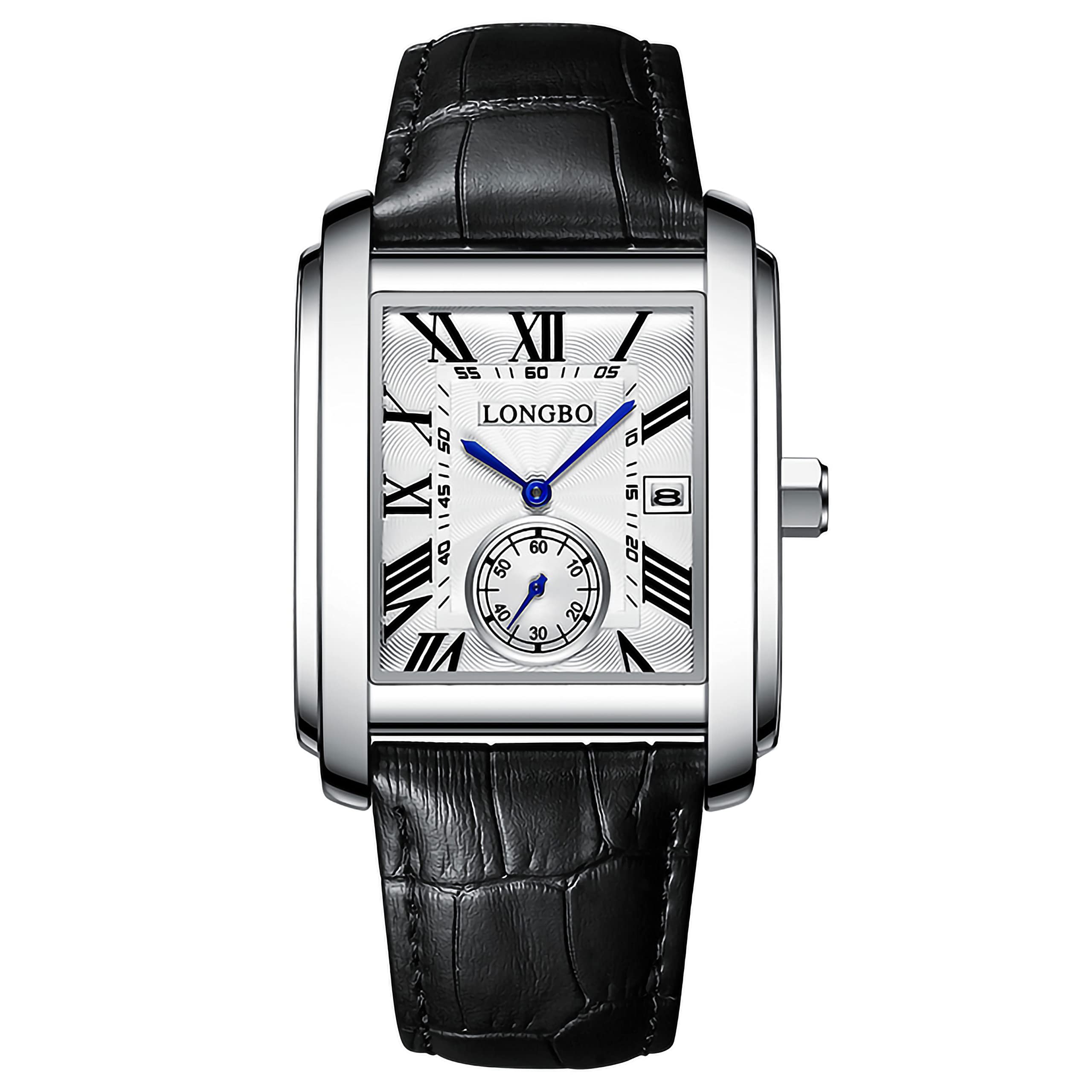 LONGBO Mens Watch Rectangular Shape Alloy Case Business Casual Genuine Leather Strap Watch with Seconds Subdial | Calendar Date | Scratch Resistant Waterproof Watch for Men