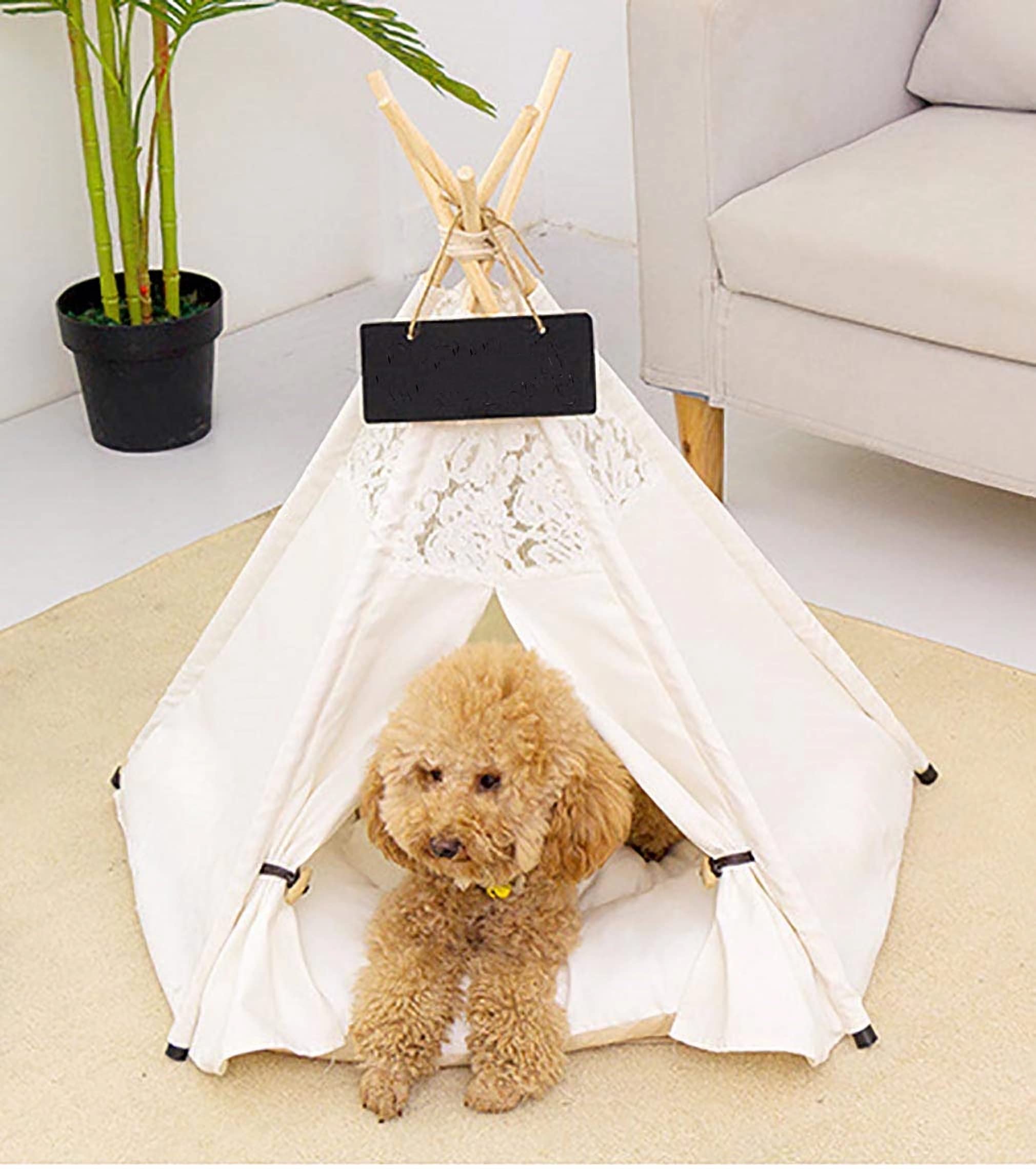 SEOUGEE Tienda de campaña para perros y gatos, lavable y extraíble, lona de algodón, cama para perros y gatos, con cojín, interior y exterior, caseta para mascotas y casa de juegos, portátil y