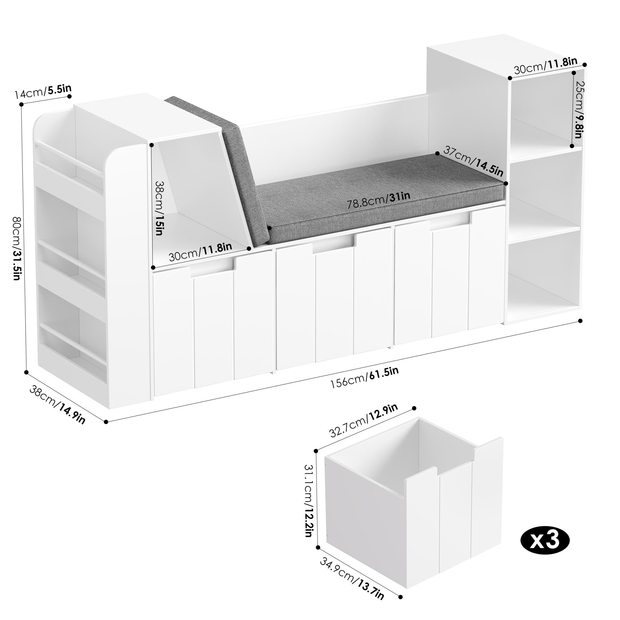 HOCSOK Kinderregal, 156 cm Bücherregal Kinder mit Sitzbank, Spielzeugregal Kinderzimmer Aufbewahrung mit Boxen auf Rollen, Kinderzimmer Regal Weiß, 80×38×156 cm