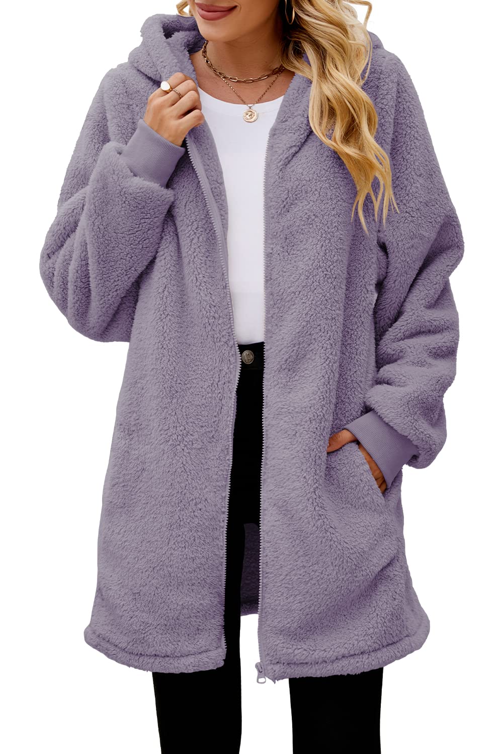 Yanekop Women Oversized Sherpa Hoodie Fuzzy Fleece Jacket Zip Up