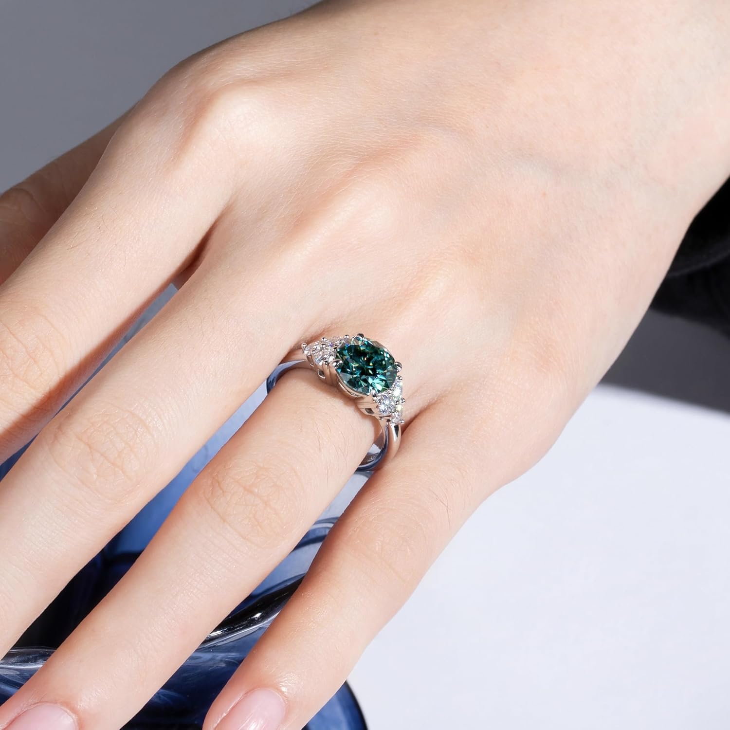 CannyCat Fancy Vivid Blue Green Moissanite Wedding Band Ring Set for Women 4.2 cttw Moissanite Engagement Rings Platinum-Plated Sterling Silver Wrap Guard Enhancers Anniversary Bridal Sets (size-6.5)