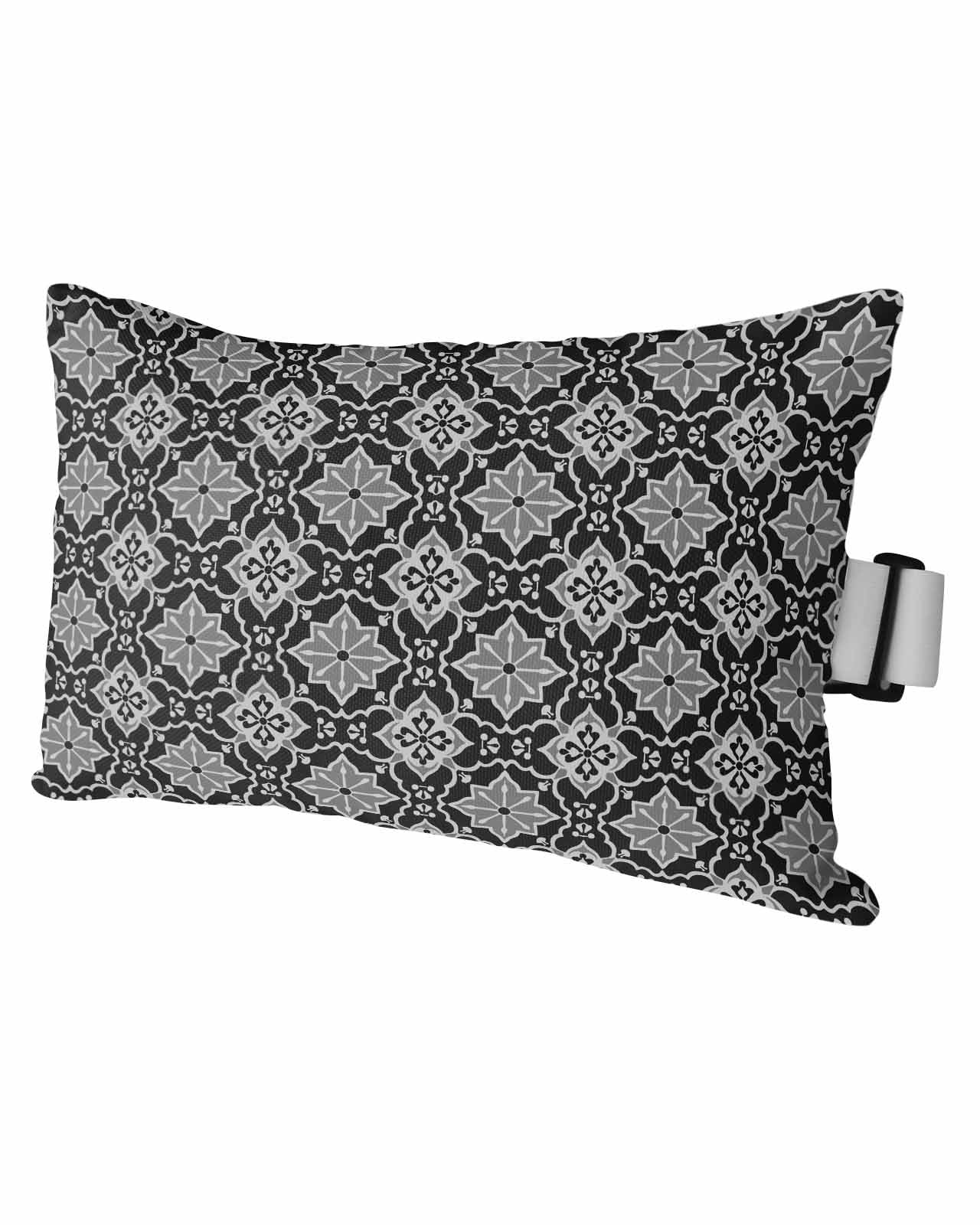 HERBED Outdoor Pillows Covers with Inserts Morocco Black and Grey Geometric Floral Waterproof Pillow with Adjustable Strap Throw Pillows for Patio Furniture Pool Lounge Chair, 11x16 Inch, 1PCS