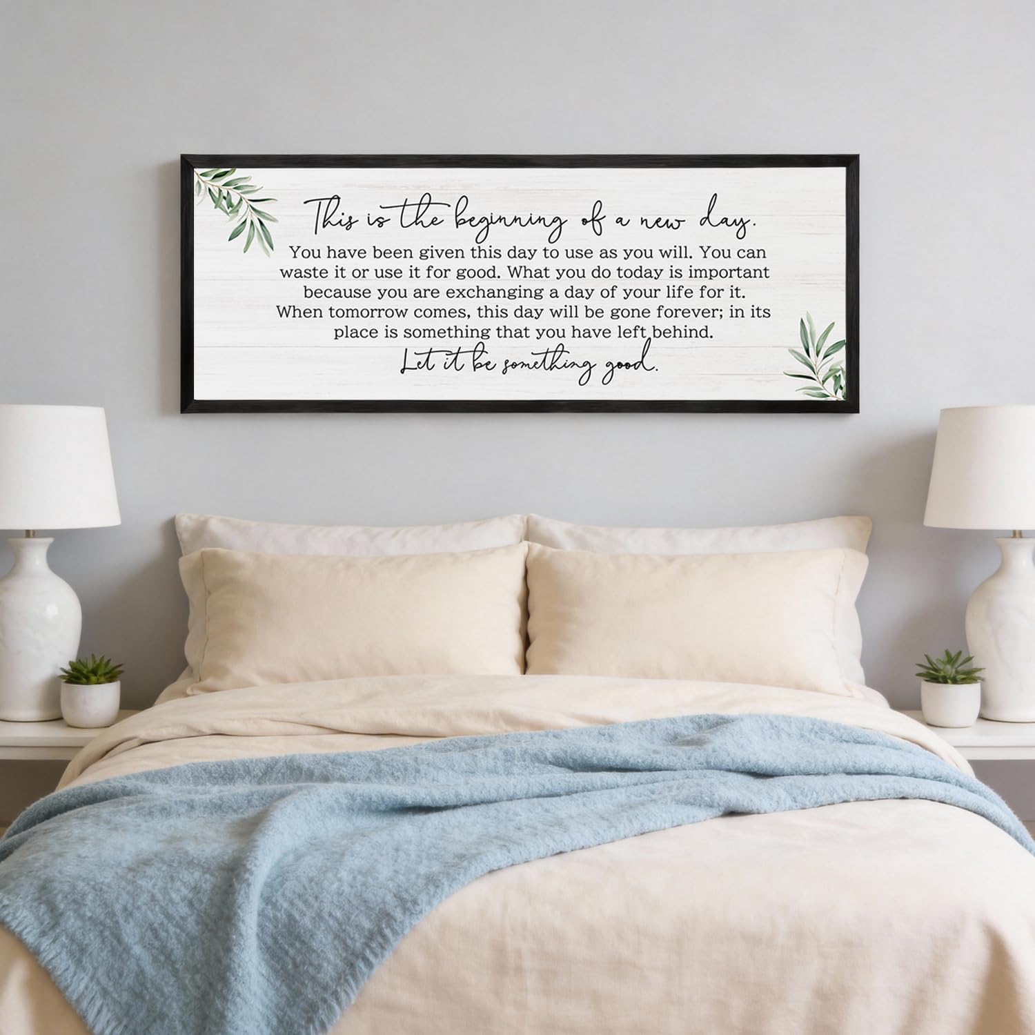 The Beginning of a New Day Wall Art – 40x15 Inch Wooden Framed Inspirational Sign with Motivational Message, Large Rustic Wood Frame Wall Decor for Living Room, Office, Entryway, Black