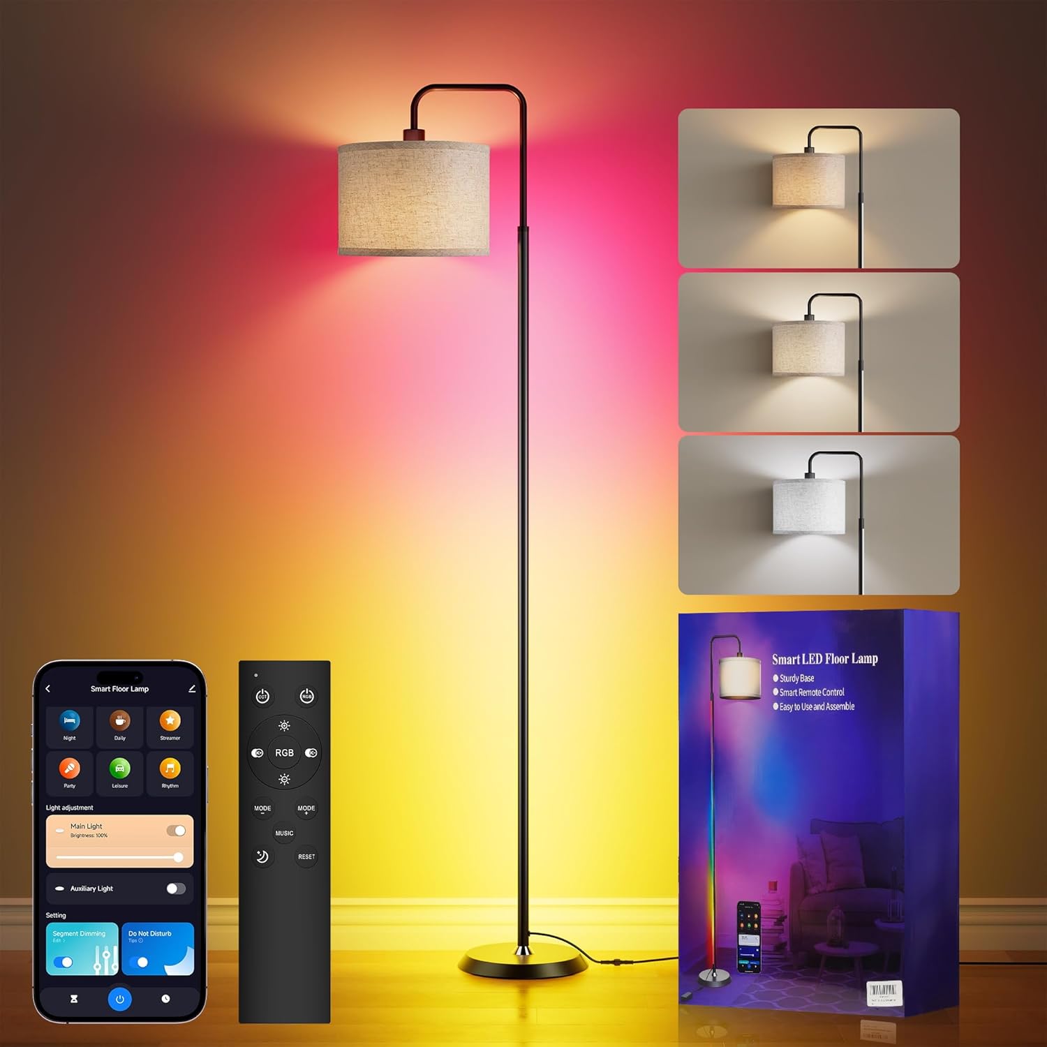 PARTPHONER Smart LED Floor Lamp with APP Control & RGB Colors - 69'' Dimmable Standing Lamp for Living Room Bedroom,12W Bulb Included Timer