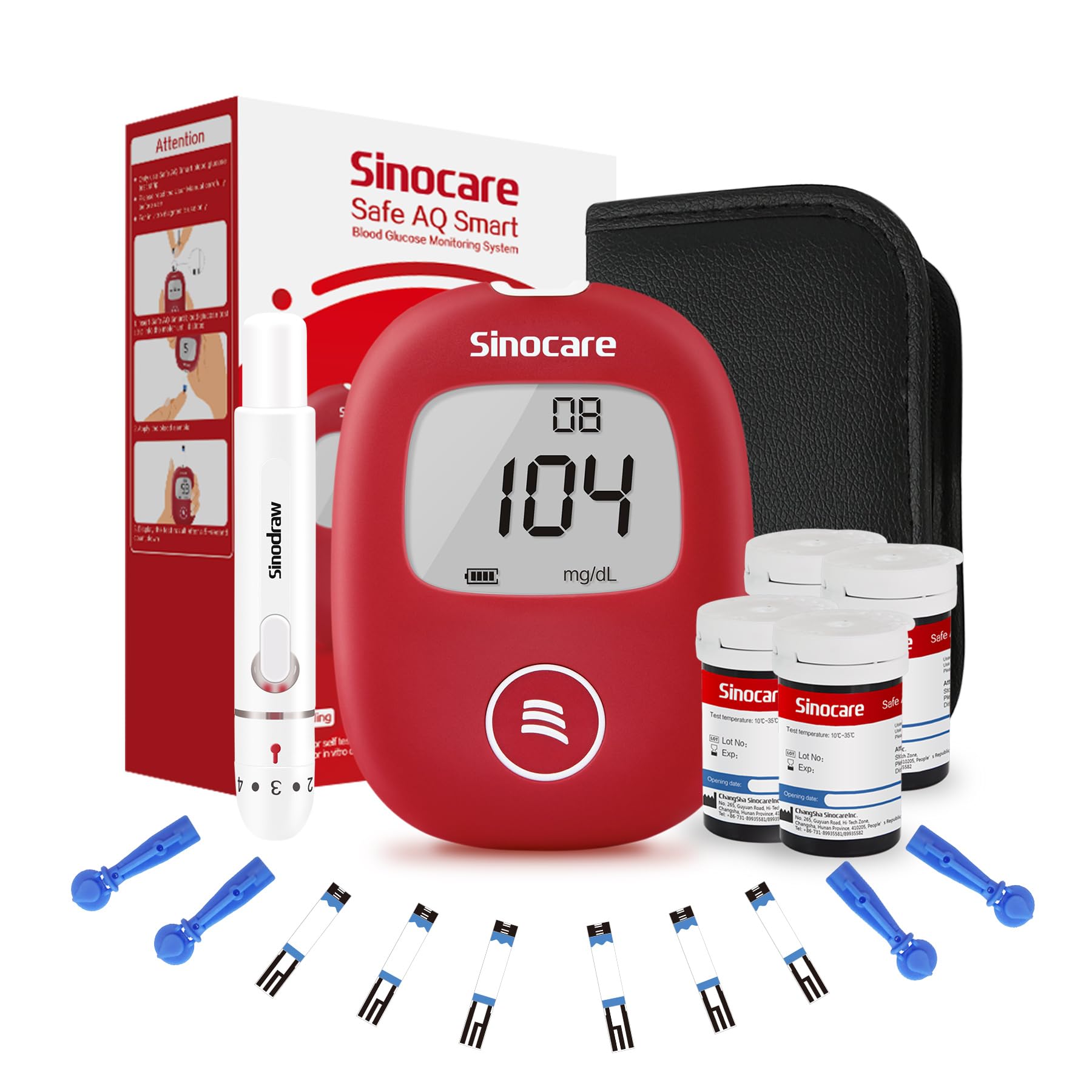 sinocare Medidor de Glucosa en Sangre, Glucometro, Kit Medidor Azucar Sangre con 100 x Tiras de Prueba de Glucosa - mg/dL (smart 100 kit) Certificado ClimatePartner