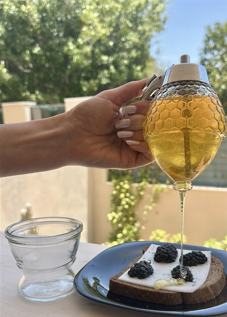 CLEVLI Distributeur de miel – Verre anti-goutte avec support – Pot à miel en verre transparent avec cuillère – Distributeur de sirop d'érable – Pot à miel avec support – Bouteille de miel avec