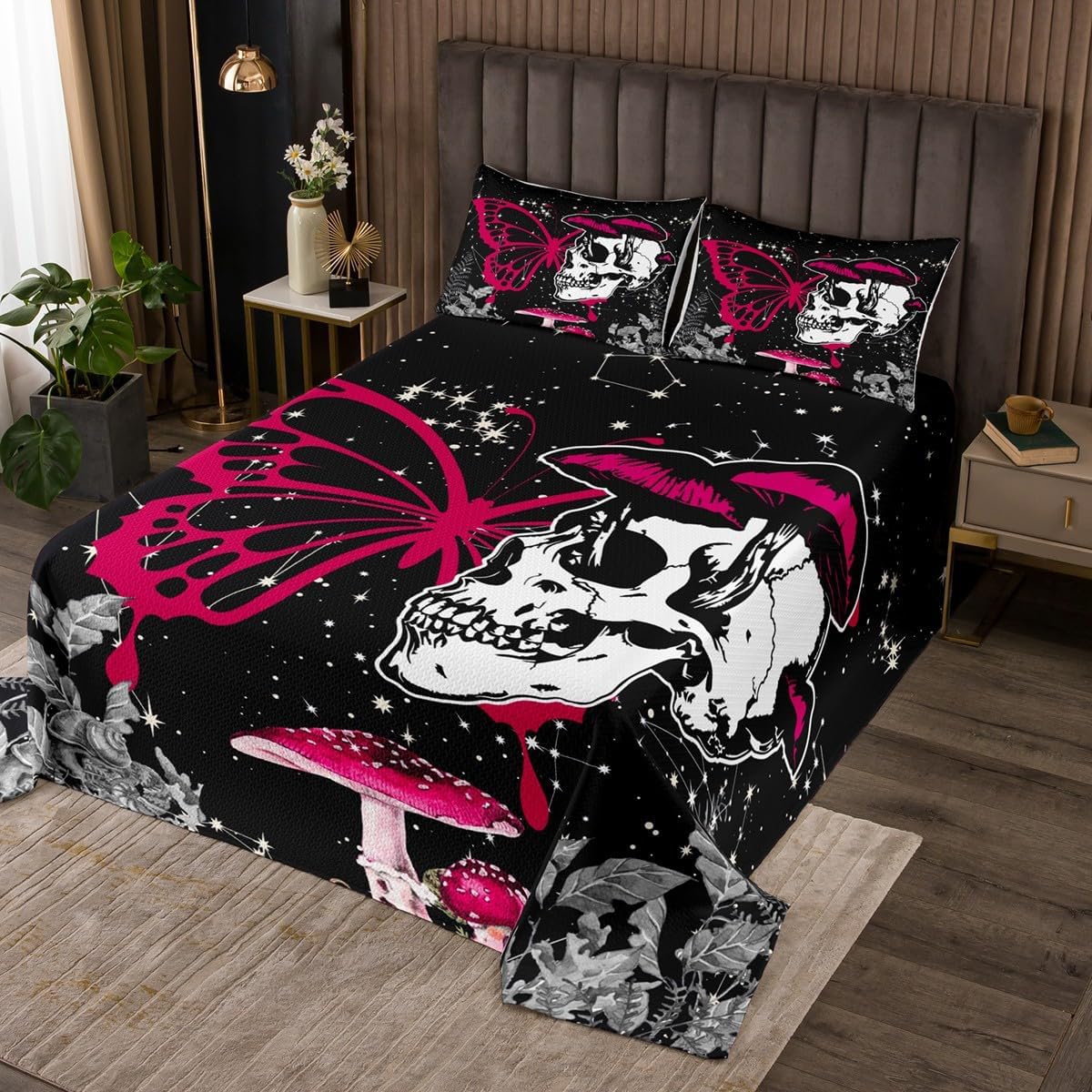 Homewish Skeleton Butterfly Hippie Bedding Set Twin Size,Pink Moth Mushroom Bedspread for Kids Boys Girls Room Decor,Starry Constellation Quilt 2Pcs,Botanical Gothic Black Coverlet Set,1 Pillowcase