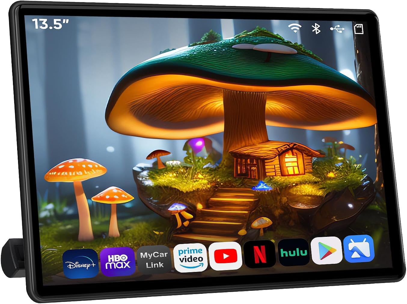 Hareupeun view of the AINAVI 13.5 inch Android 13 Car TV Headrest Monitor displaying a vibrant home screen with app icons.