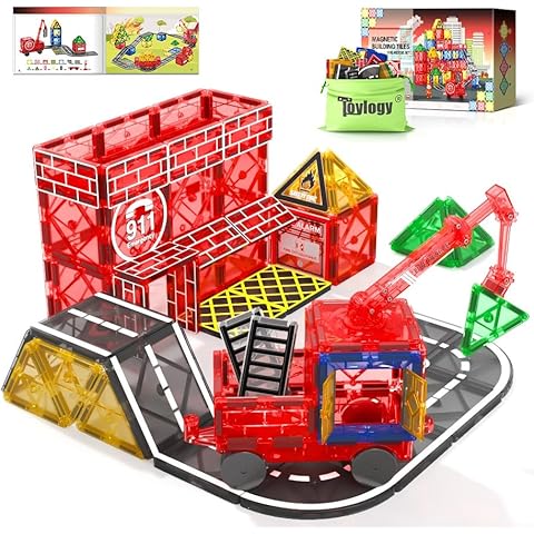 Magnetic Tiles Road Set with Magnetic Crane Edition Car Toys, Magnet Building City Fire Kids Toys for 3 4 5 6 7 Years Old Boys Girls, Magworld Kids Games Construction STEM Toys for Boys Girls Gifts Cover
