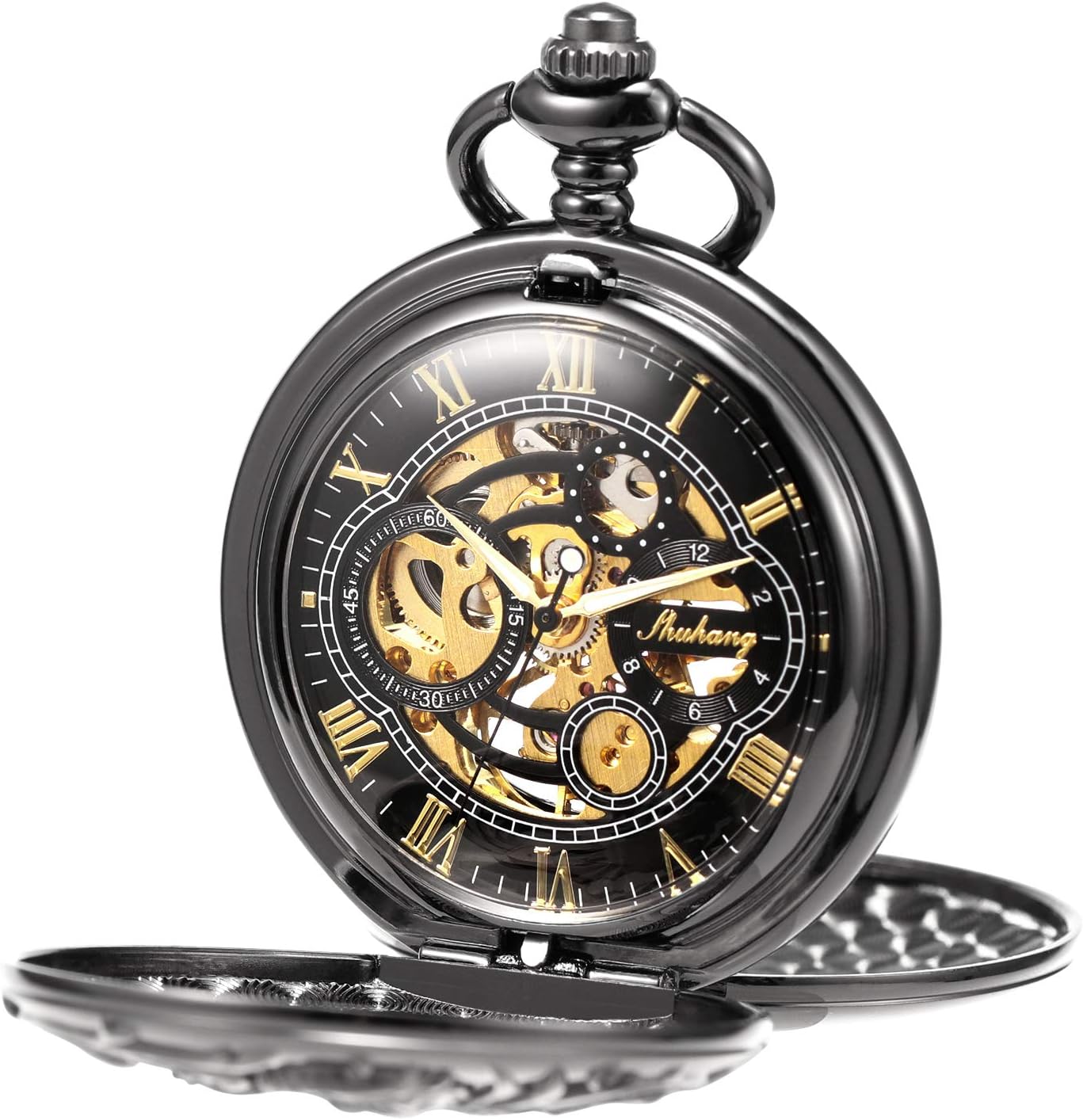 Mens Mechanical Pocket Watch Dream Dragon Skeleton Half Hunter Double Open Silver/Bronze/Black Case for Man