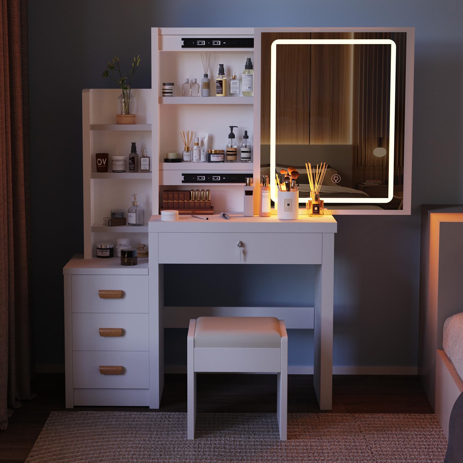 BPMIO Schminktisch Weiß, Kosmetiktisch mit Spiegel & Hocker, Frisierkommode mit LED-Beleuchtung Set, Frisiertisch mit 4 Schubladen, Schlafzimmermöbel Vanity Set, 135 * 80 * 36cm