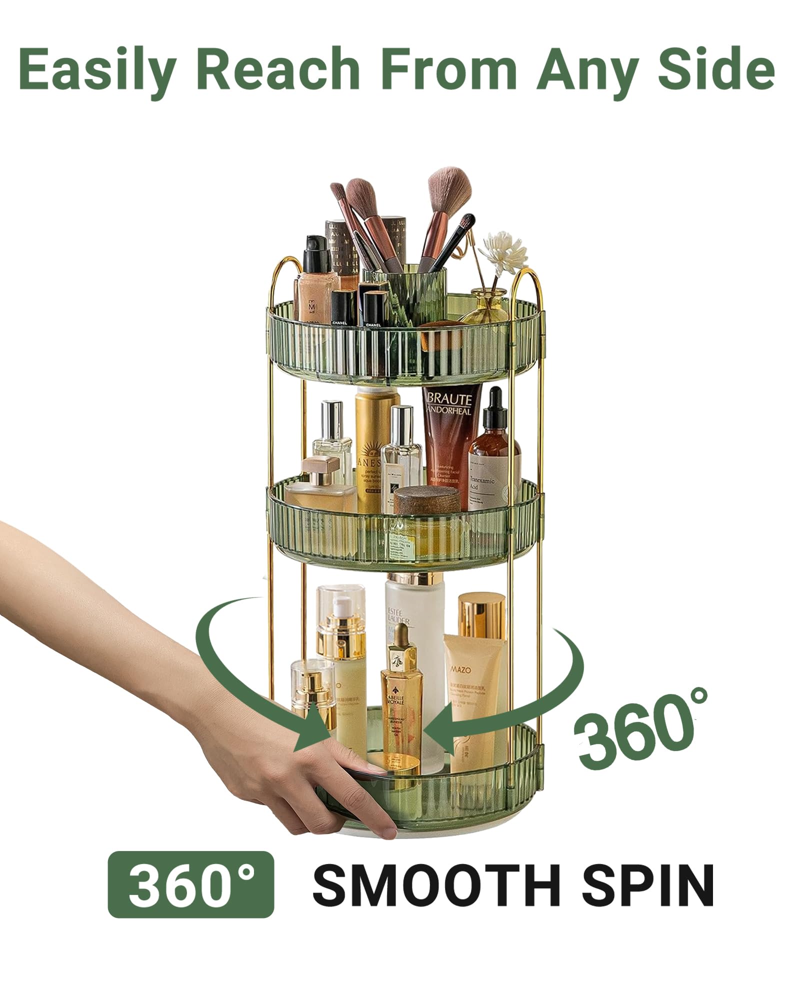 Asayuee Organizador de maquillaje giratorio de 360 grados, organizadores de maquillaje de gran capacidad de 3 niveles y almacenamiento, organizadores de tocador de perfume para el cuidado de la piel