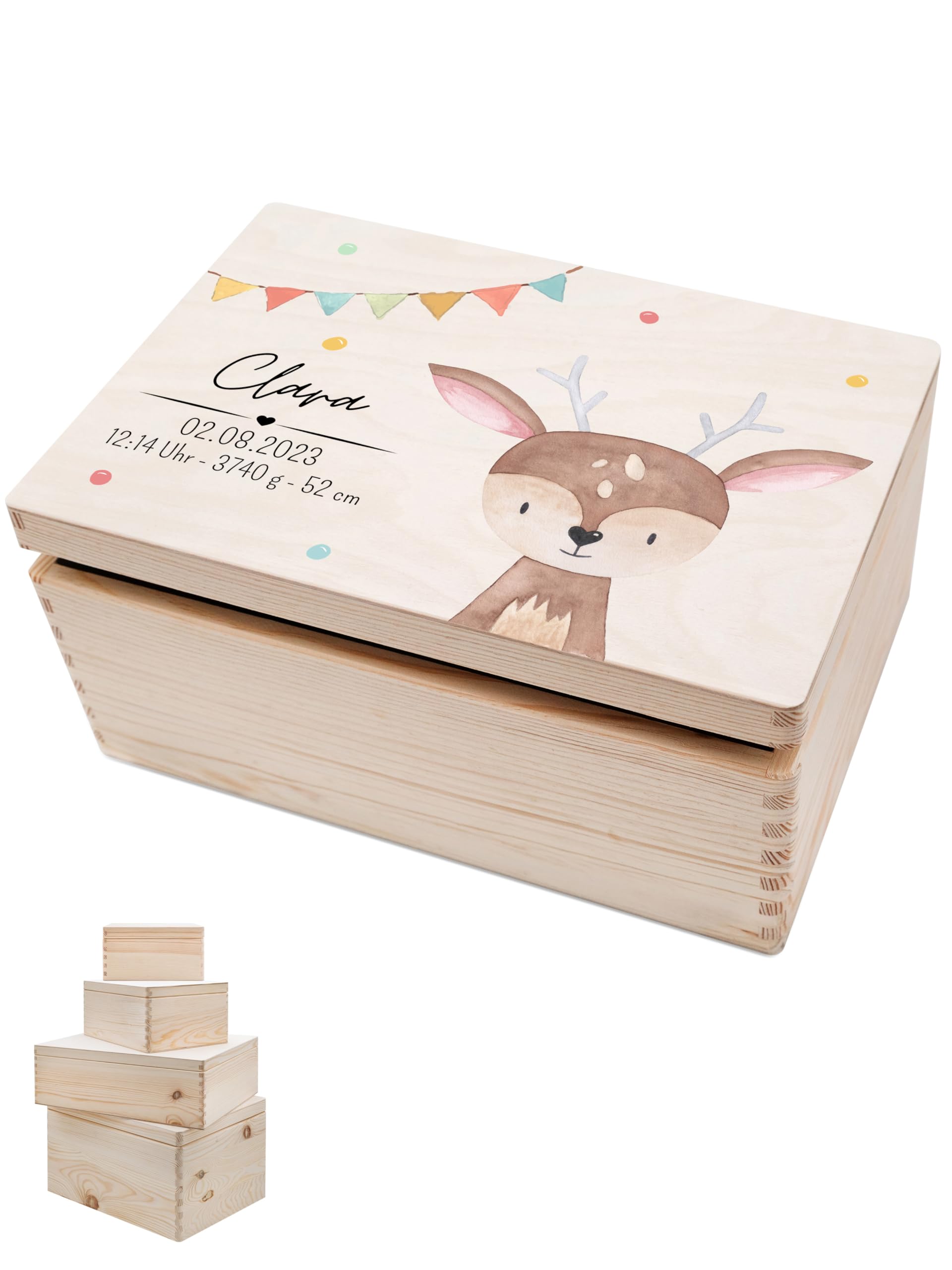 wunderwunsch - Personalisierte Erinnerungsbox Taufe mit Hochwertigem UV-Farbdruck - Individuelle Box Baby - Niedliche Erinnerungskiste aus Holz - Geschenk Taufe (Reh, XS-Klappdeckel)