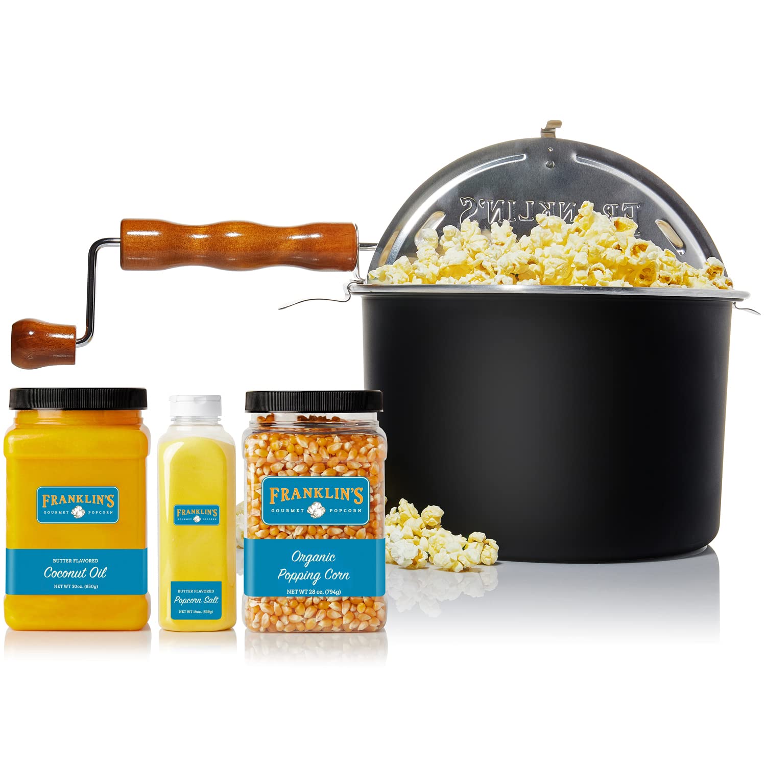 Franklin's Gourmet Popcorn - Paquetes de noche de películas - Whirley Popper, granos de maíz orgánicos de 28 onzas, 19 onzas, sal con sabor a mantequilla, 30 onzas, aceite de coco con sabor a mantequilla